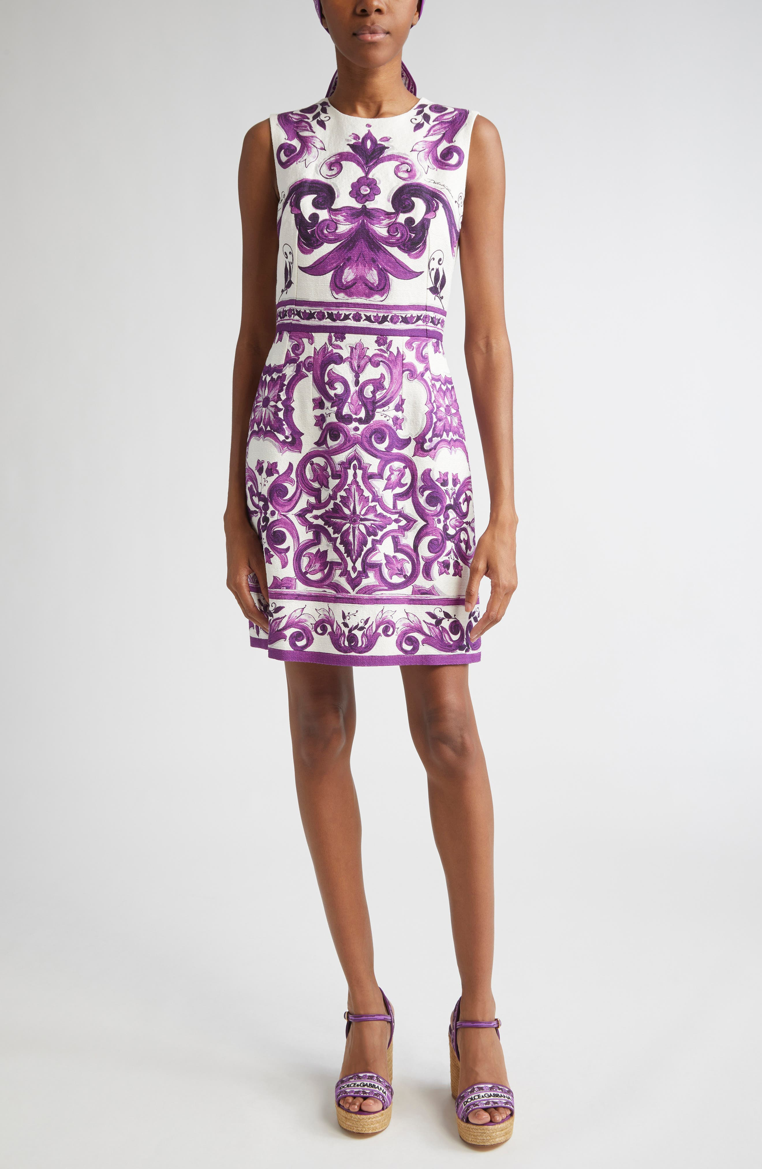 Dolce&Gabbana Majolica Sleeveless A-Line Dress in Ip3Tn Mix Maiolica Viola at Nordstrom - 1