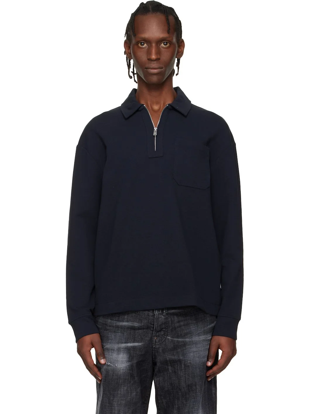 Navy Zip-Neck Cotton Blend Polo - 1