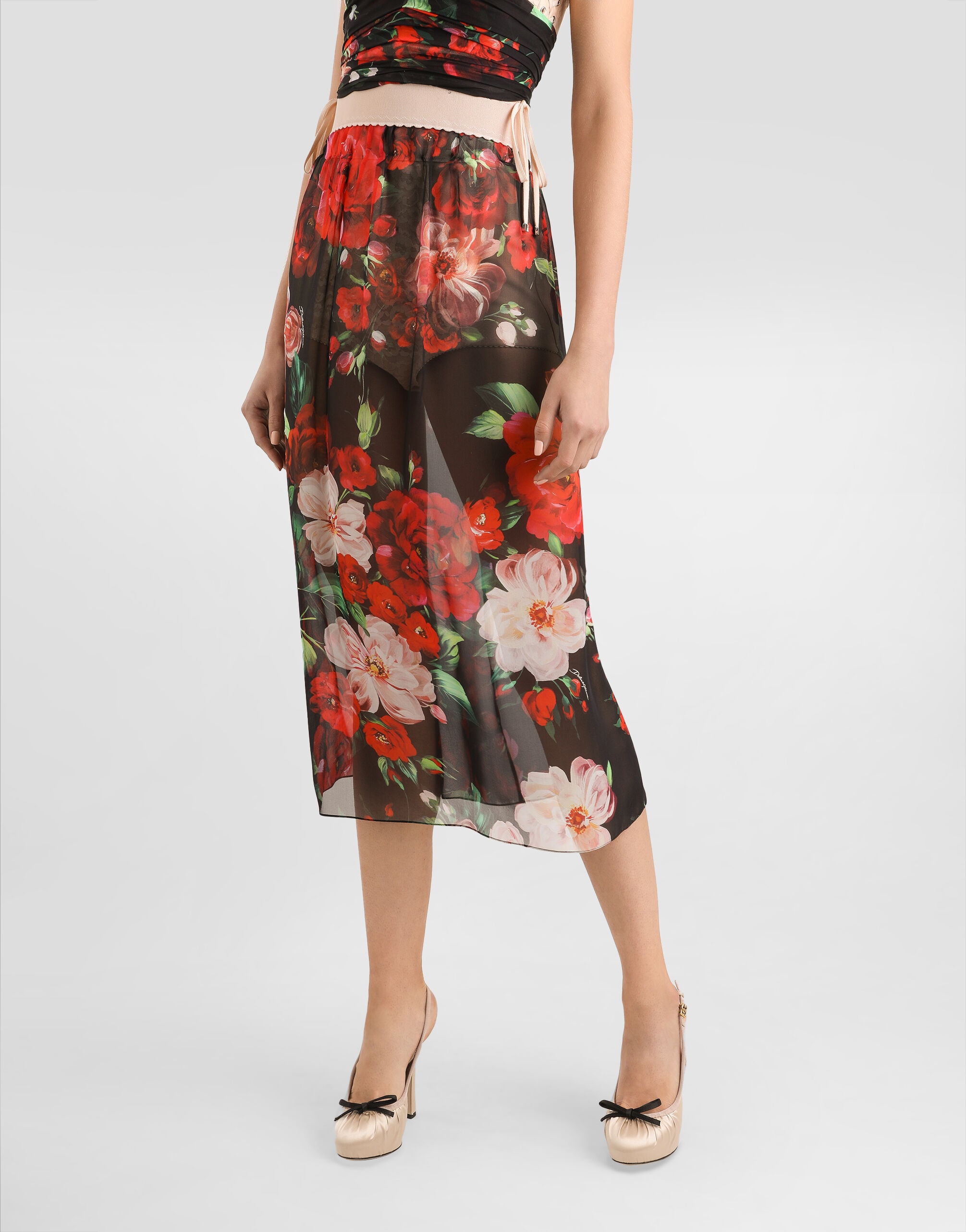 Rose-print chiffon calf-length skirt - 4
