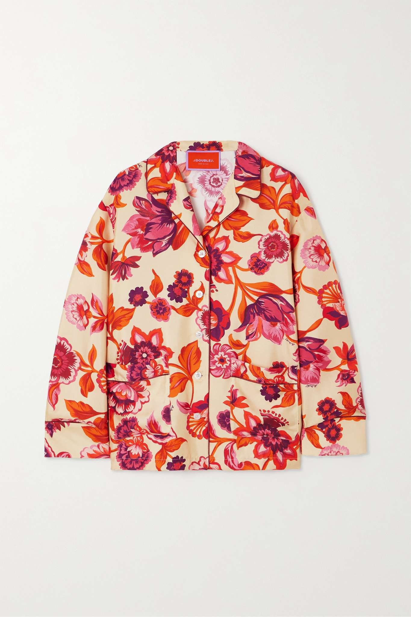Floral-print silk-twill pajama shirt - 1
