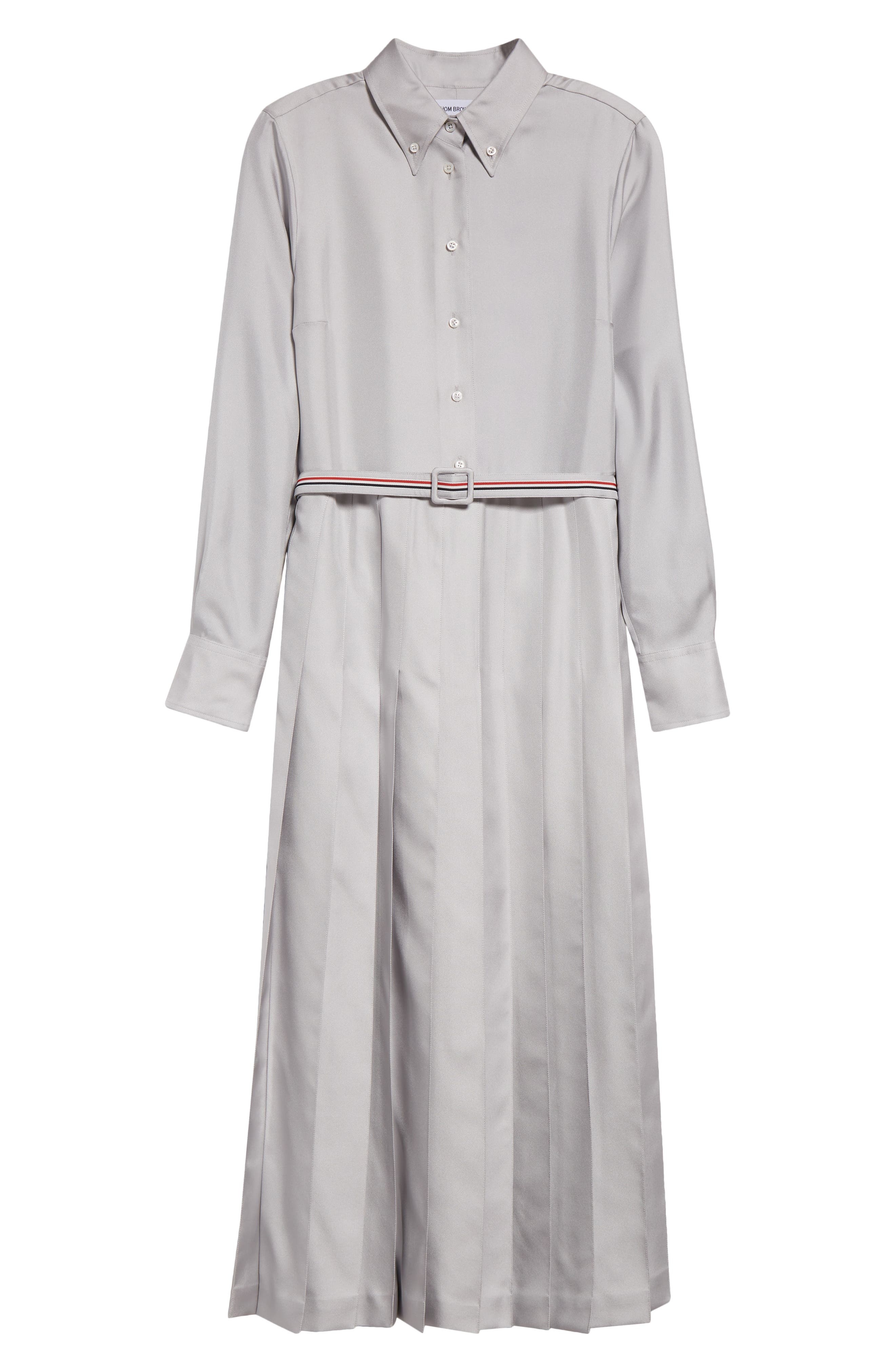 Thom Browne Long Sleeve Pleated Silk Midi Shirtdress in Light Grey at Nordstrom - 5