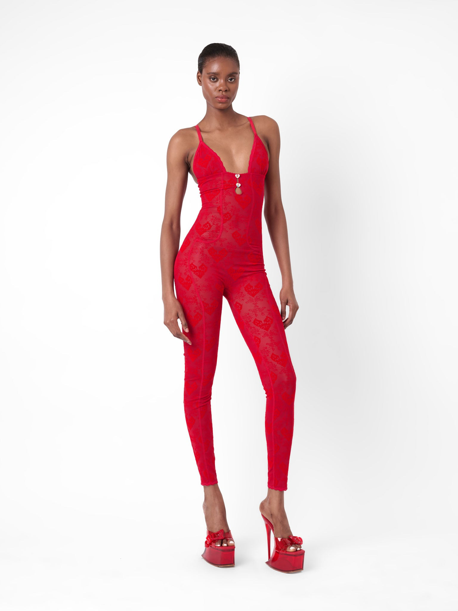 SCARLETT JUMPSUIT FLOCKED MESH RED - 7