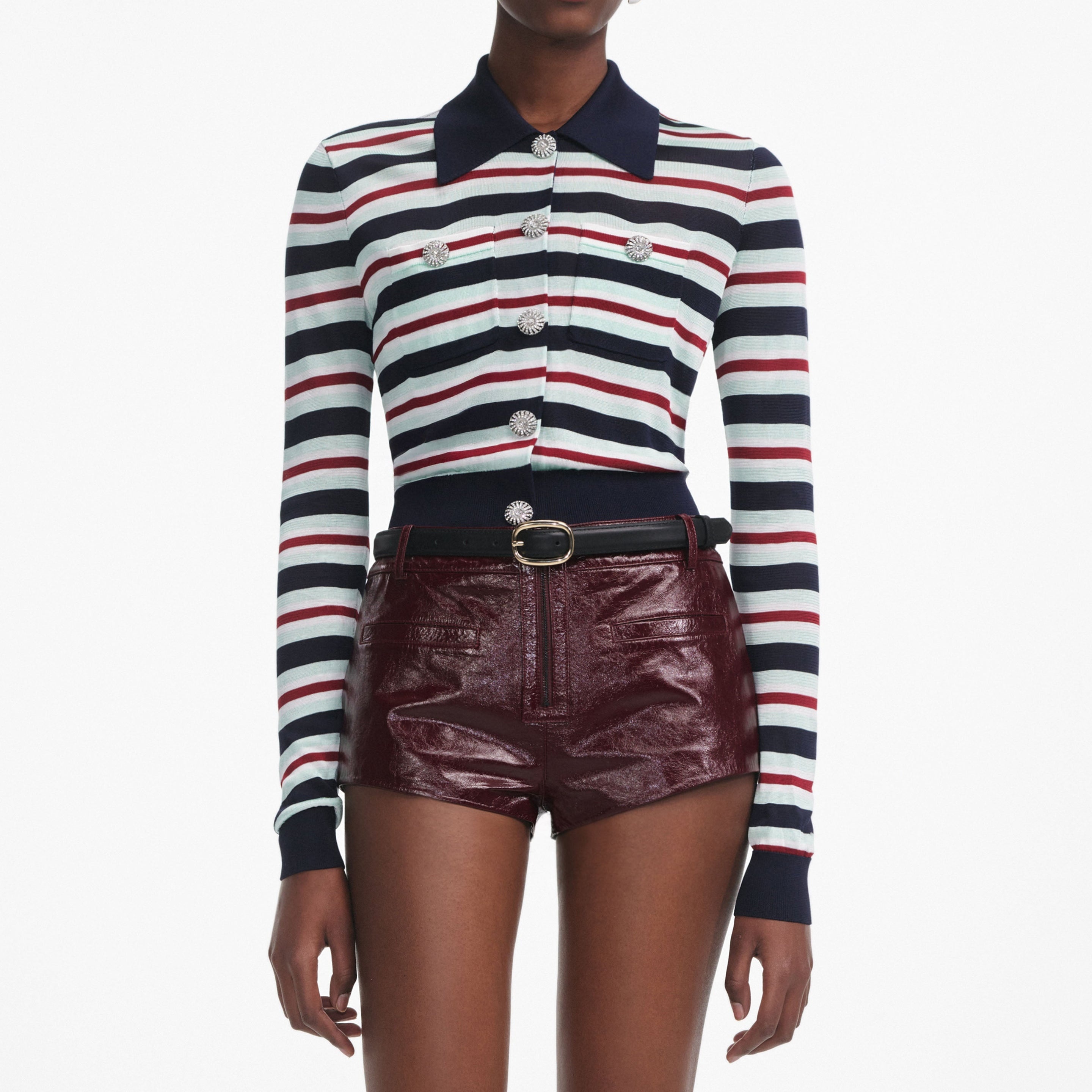 Navy Striped Viscose Knit Top - 4
