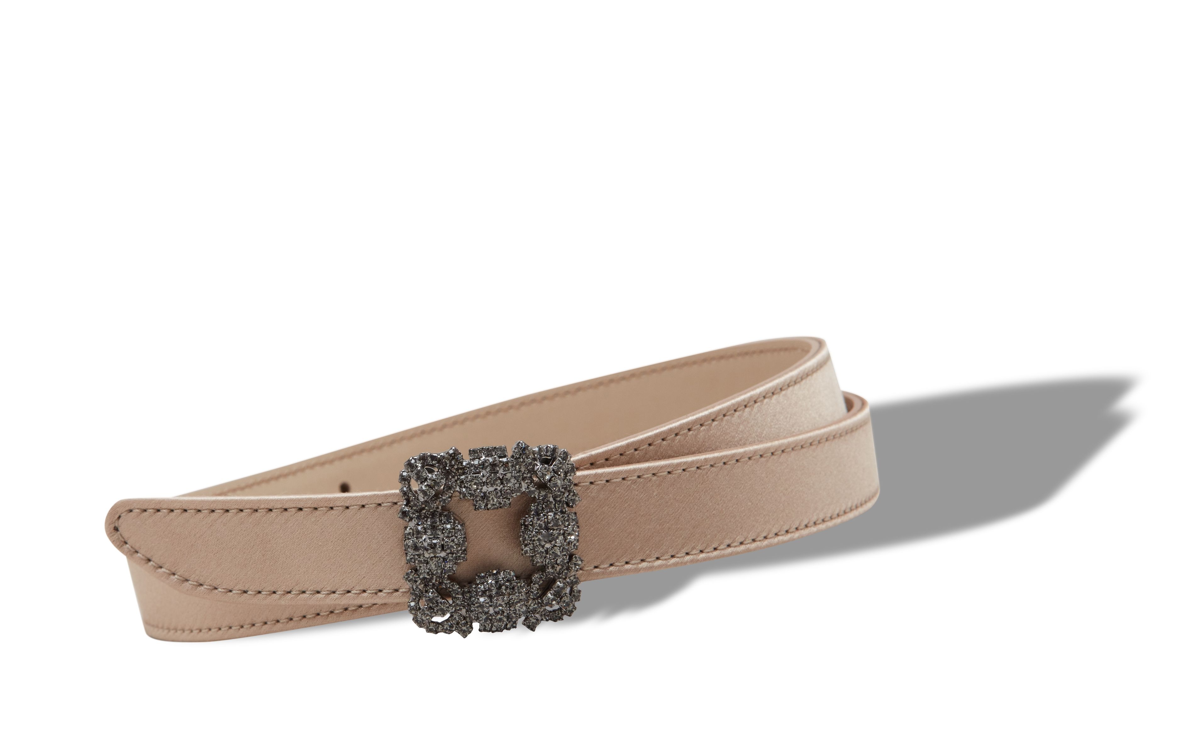 Light Beige Satin Crystal Buckled Belt - 2