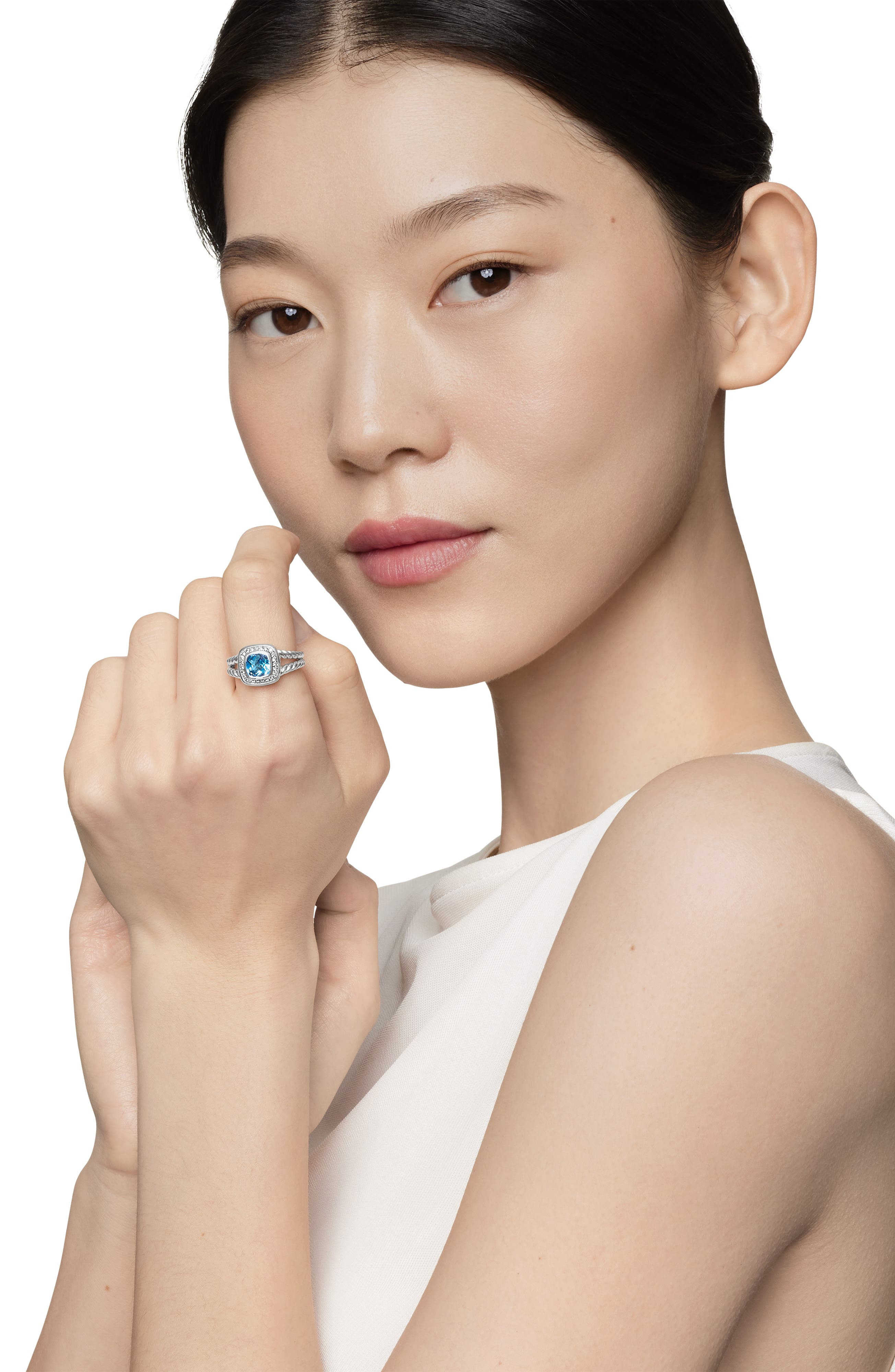 David Yurman Petite Albion® Diamond Halo Cushion Ring in Blue Topaz at Nordstrom - 6