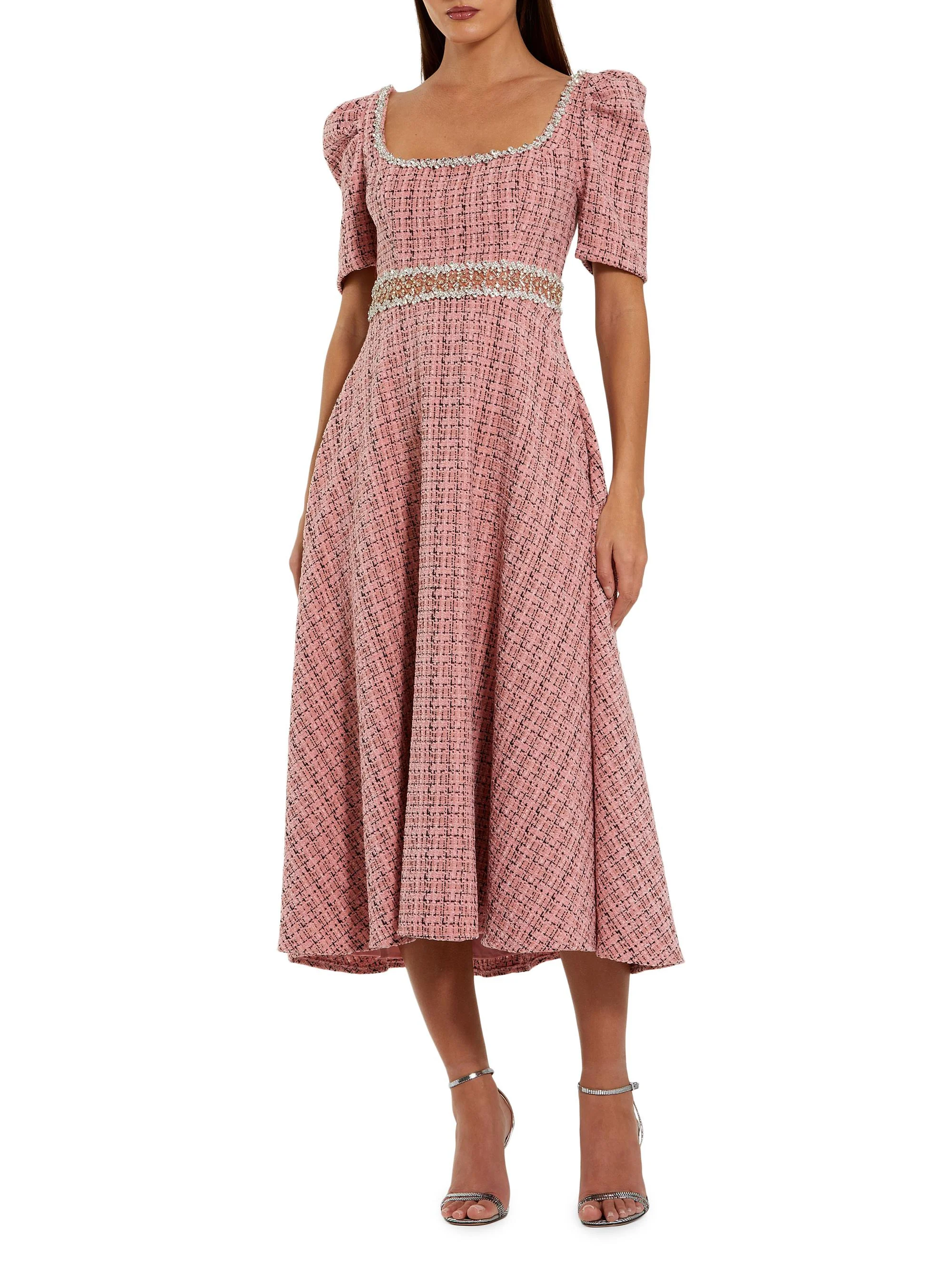 Women's Beaded Puff-Sleeve Boucle Midi-Dress - Pink Multi - 1