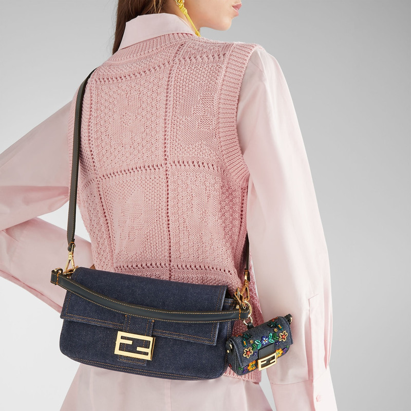 Baguette® Dark blue denim and blue denim-effect FF jacquard bag 3