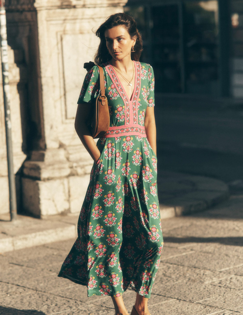 Ellie Flutter Maxi Tea Dress-Rich Emerald, Wildflower Stamp 3