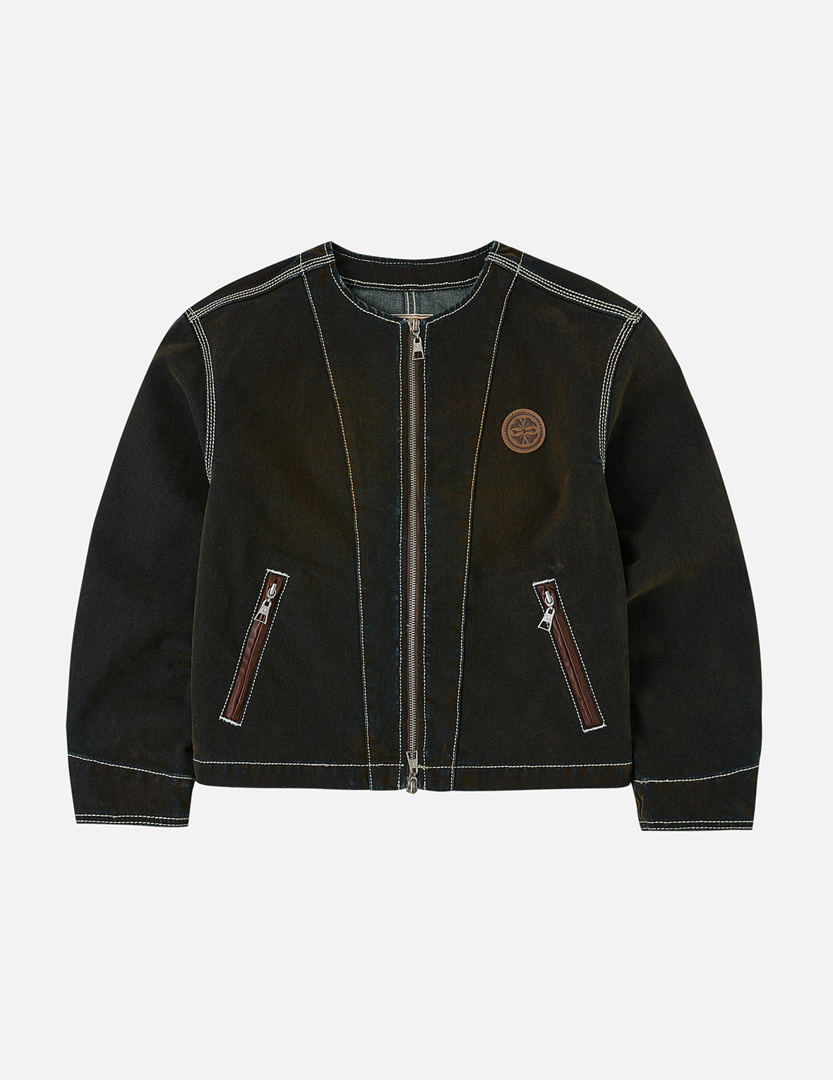 Contrast Stitch Design and Kamon Leather Label Regular Fit Denim Jacket - 3