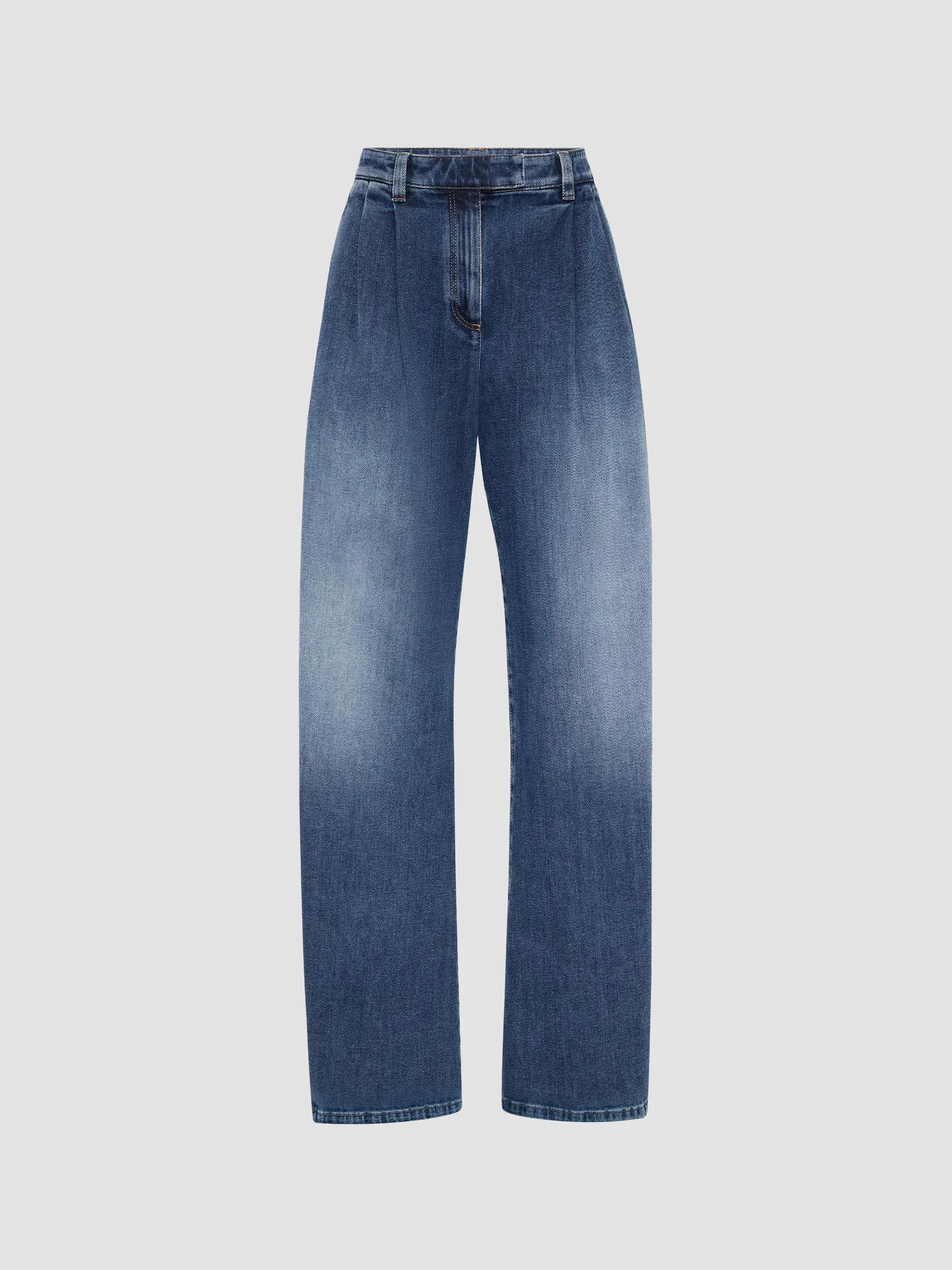 Women's Comfort Cotton Denim Loose Curved Trousers with Monili - Medium Denim - 1