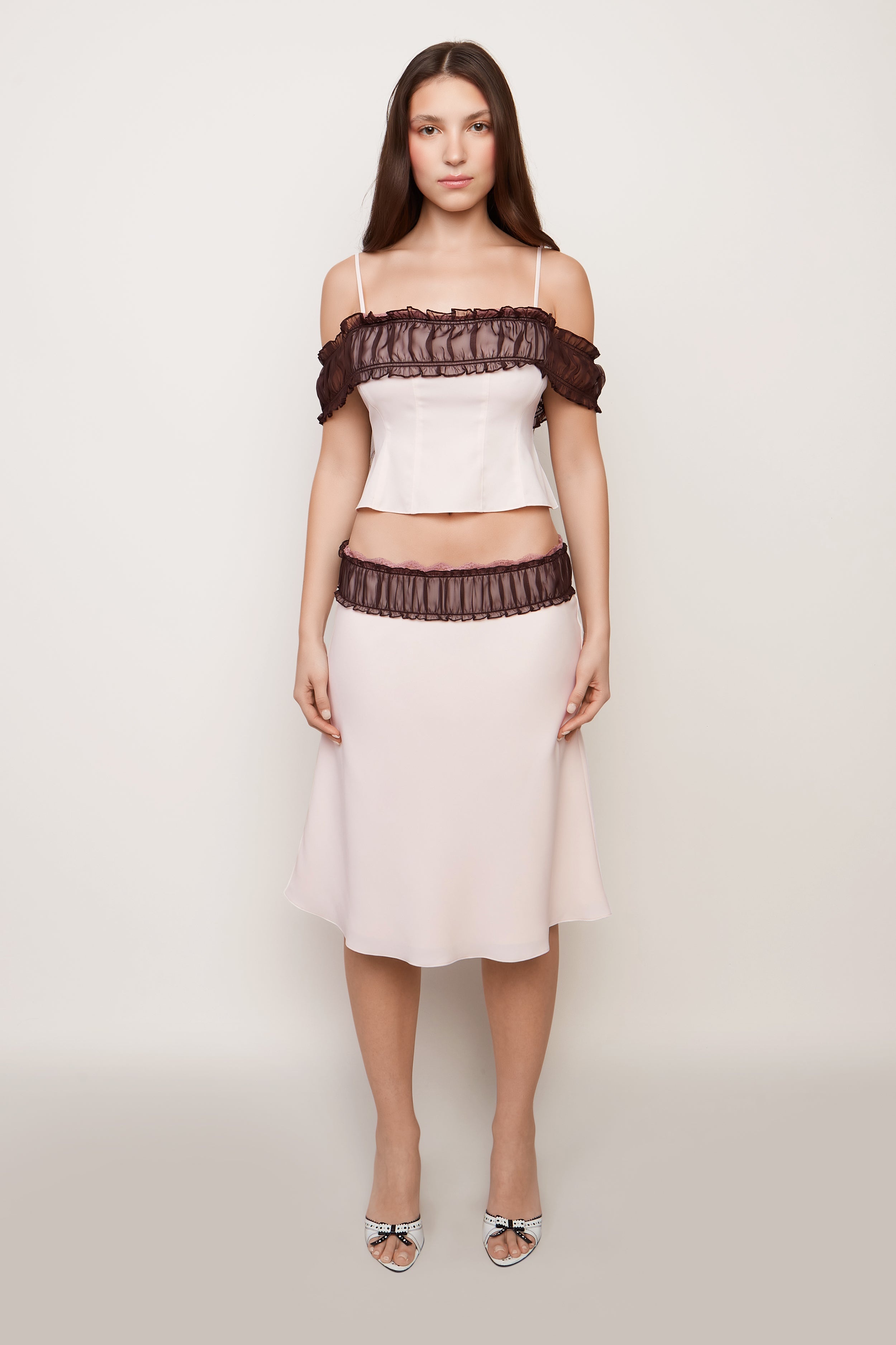 RUCHED CHIFFON LACE MIDI SKIRT - 3