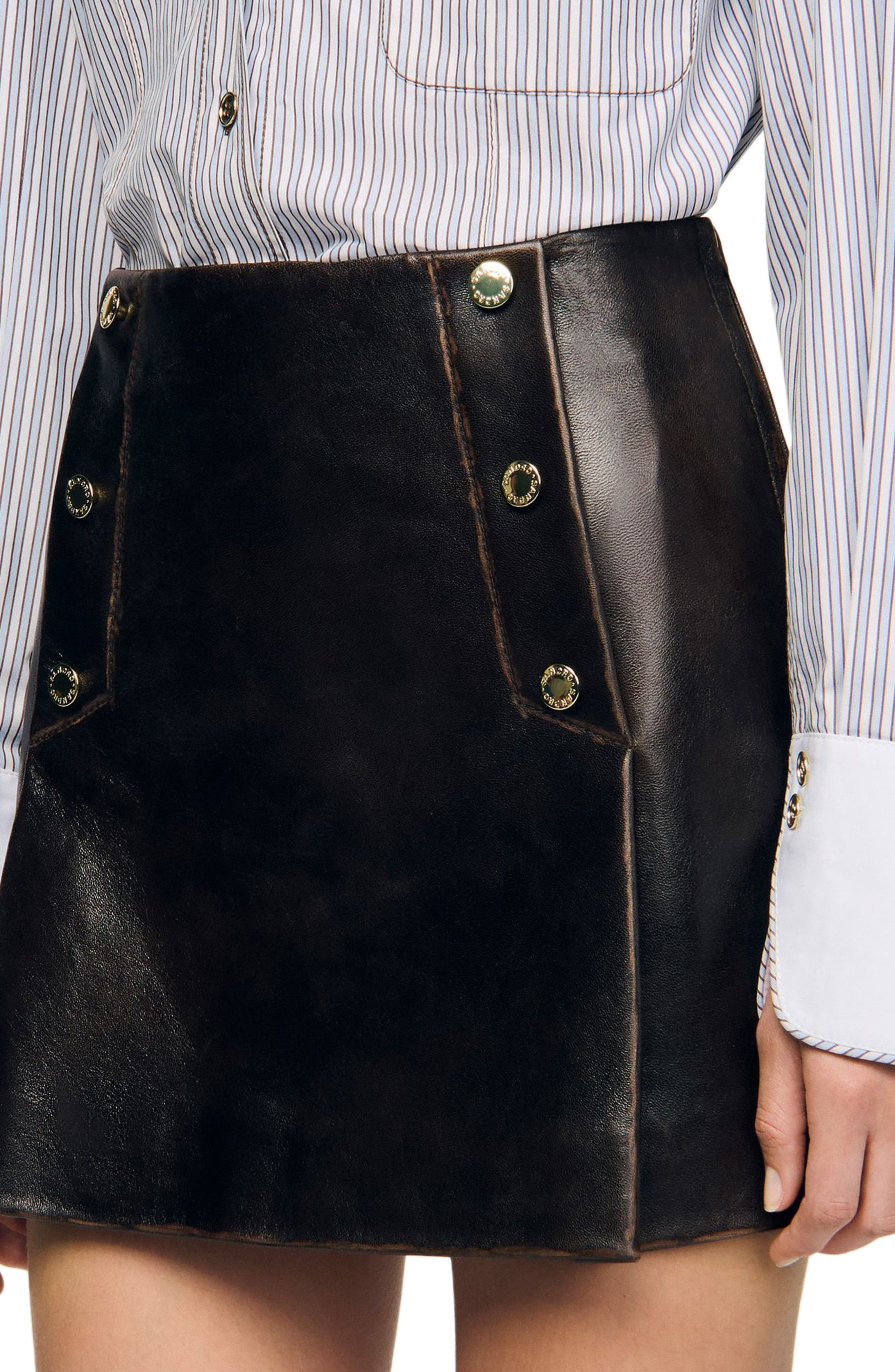 SANDRO Short aged leather skirt in Brown at Nordstrom - 4