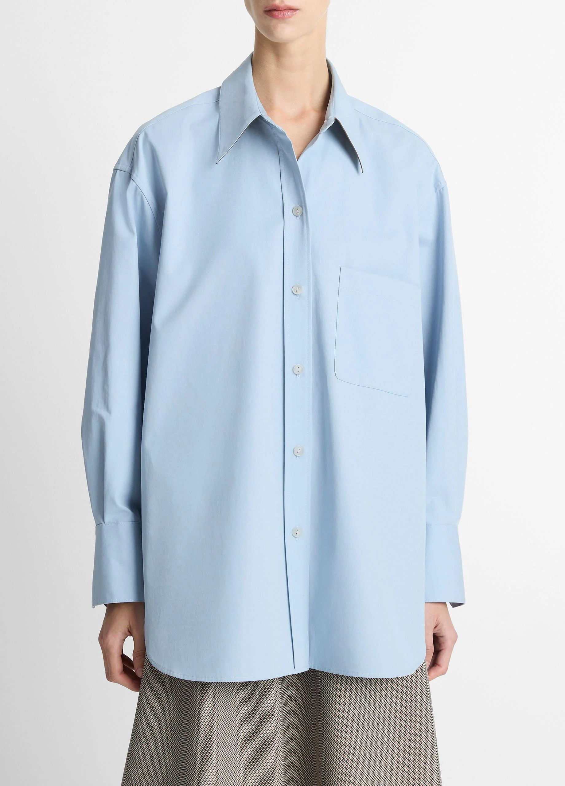 Faux-Leather-Trim Italian Cotton Oversized Button-Front Shirt - 1