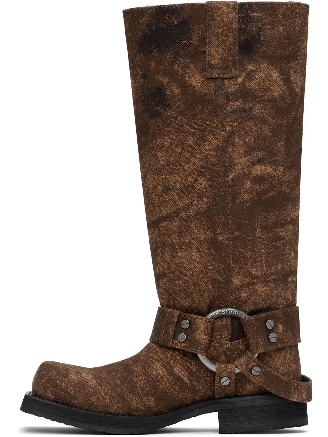 Brown Buckle Denim Tall Boots - 3