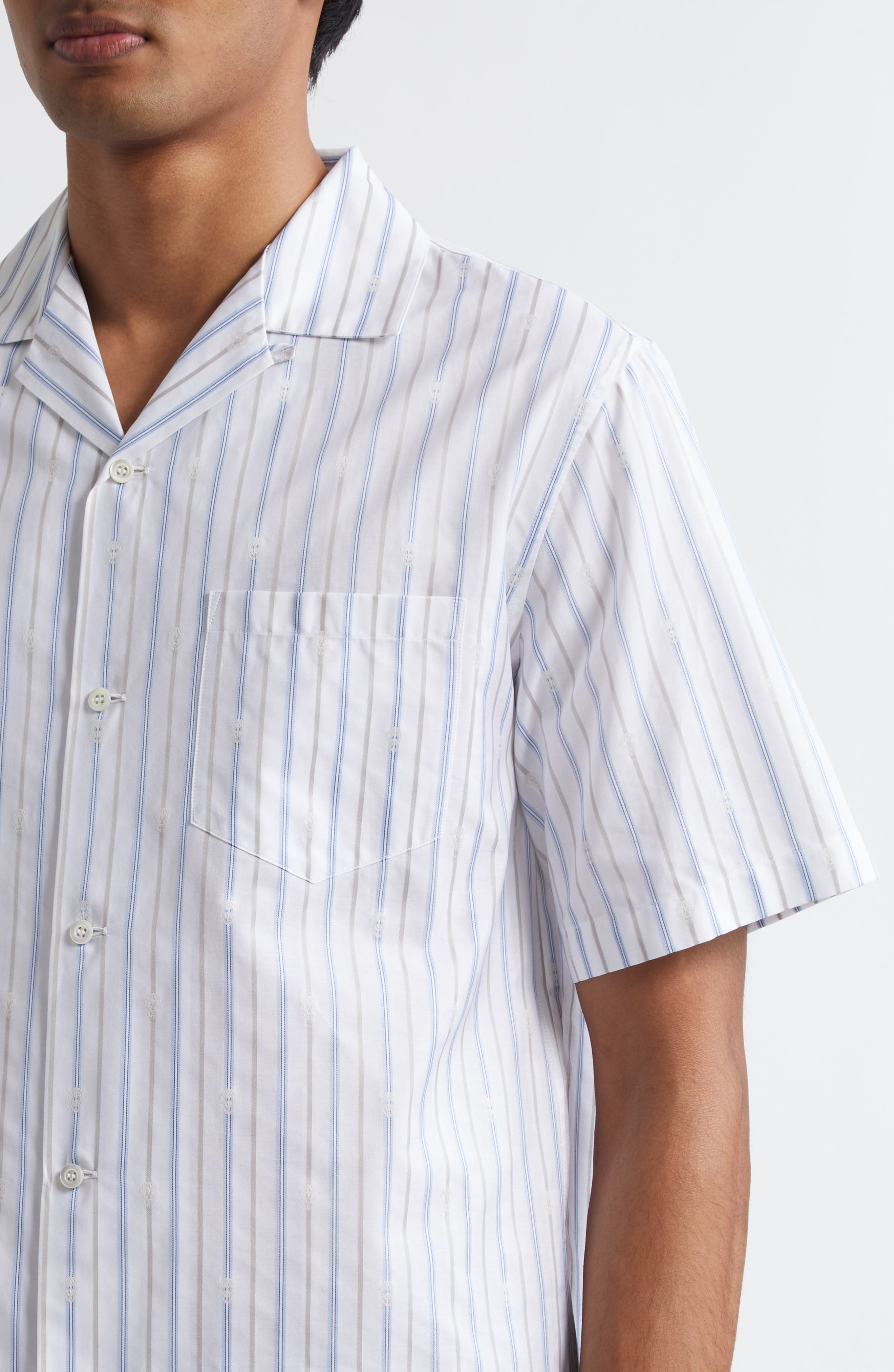 McQueen Skull Stripe Camp Shirt in White-Blue-Grey at Nordstrom - 4