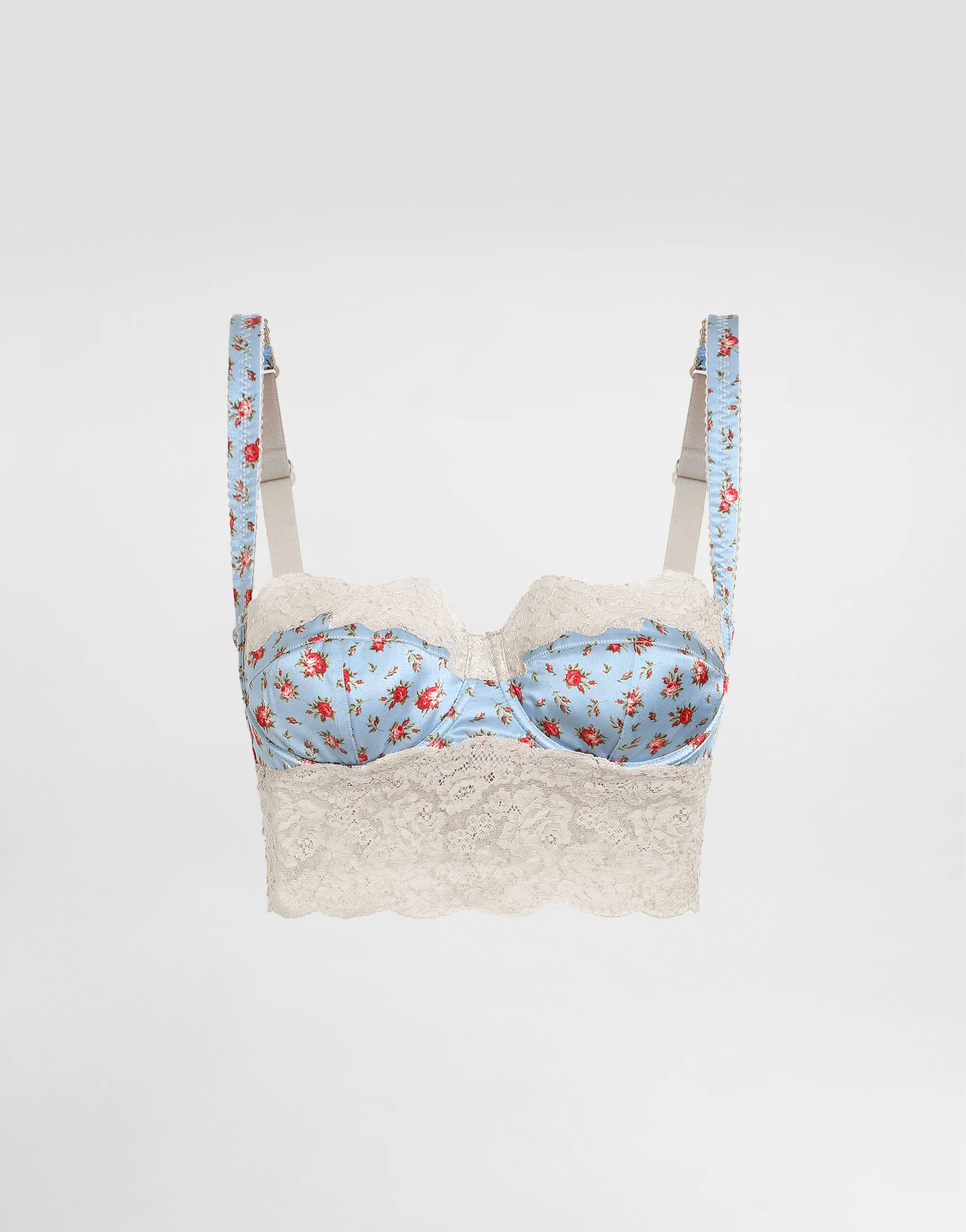 Small rose-print satin and lace balconette - 1