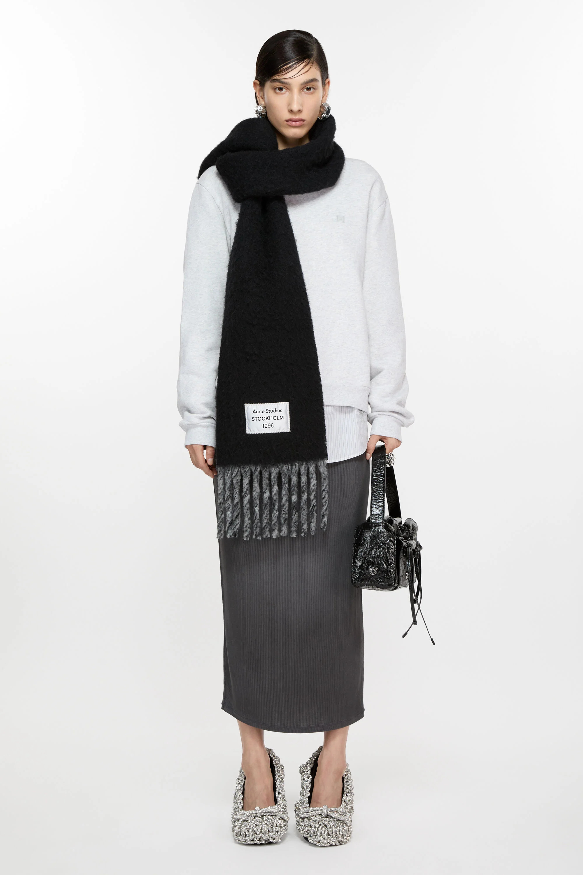 Fringed scarf logo label - Black/grey - 2