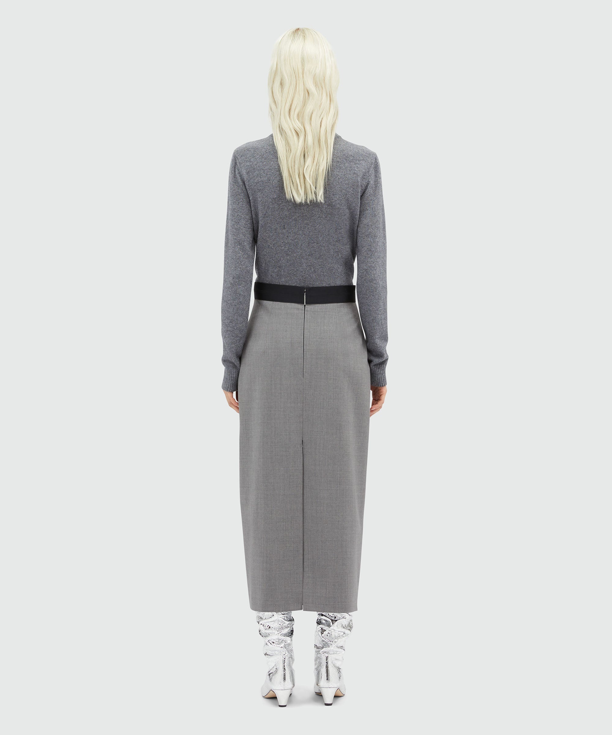 Grey melange wool pencil skirt with slit - 3