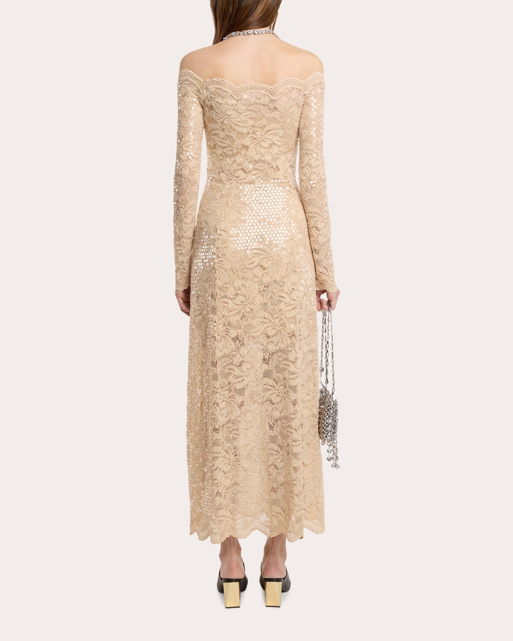 Sequin-Embellished Ruched Lace Maxi Dress - 2