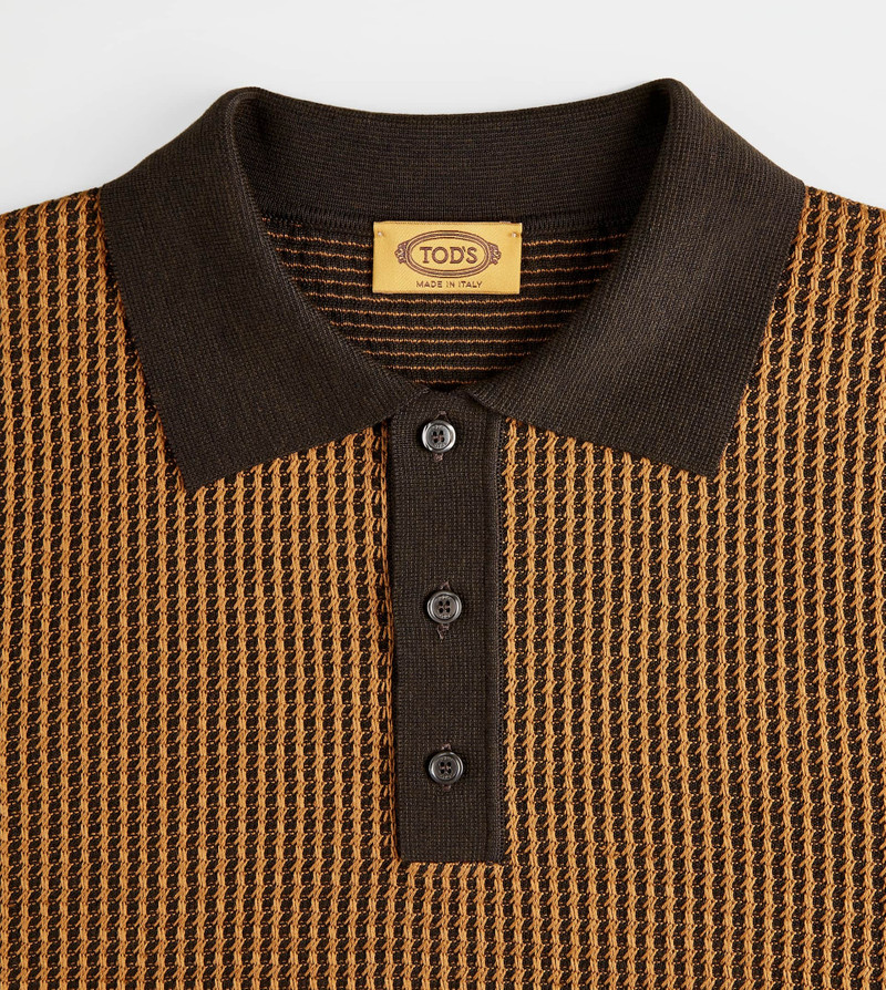 POLO SHIRT IN SILK BLEND KNIT - BROWN, BEIGE 3
