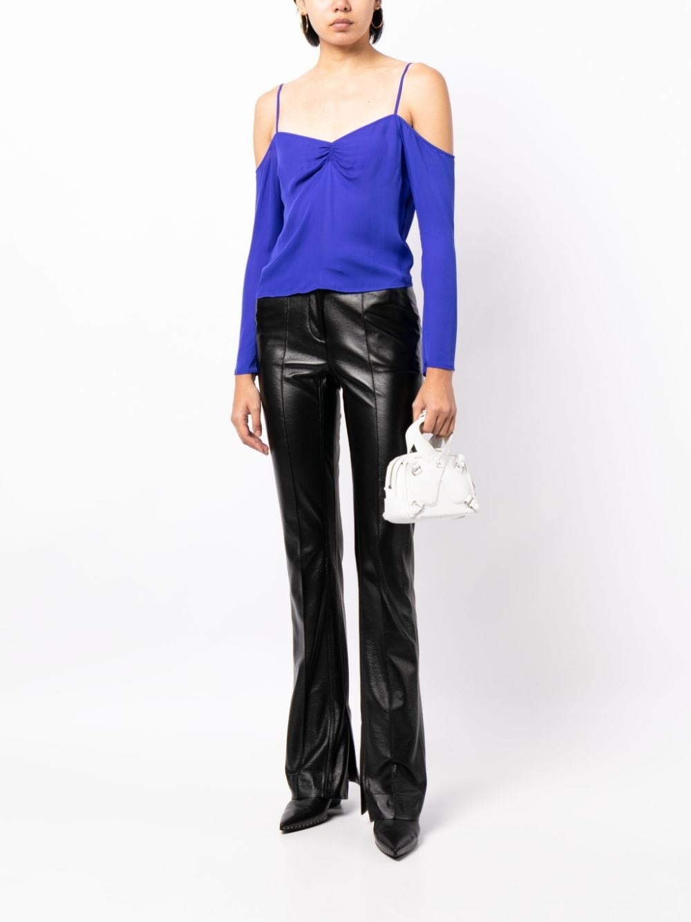 gathered cold-shoulder silk blouse - 2