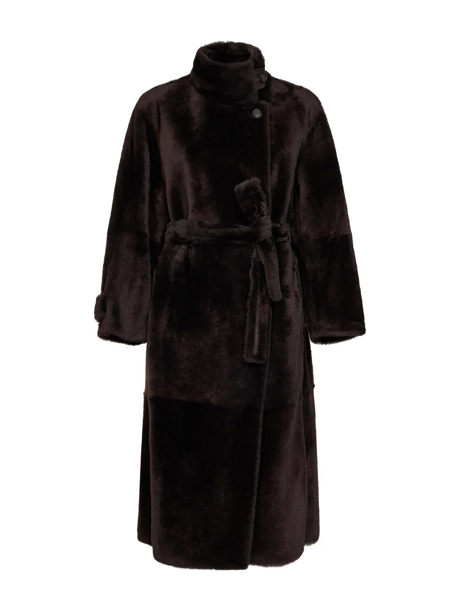 Dark brown shearling belted coat - 1