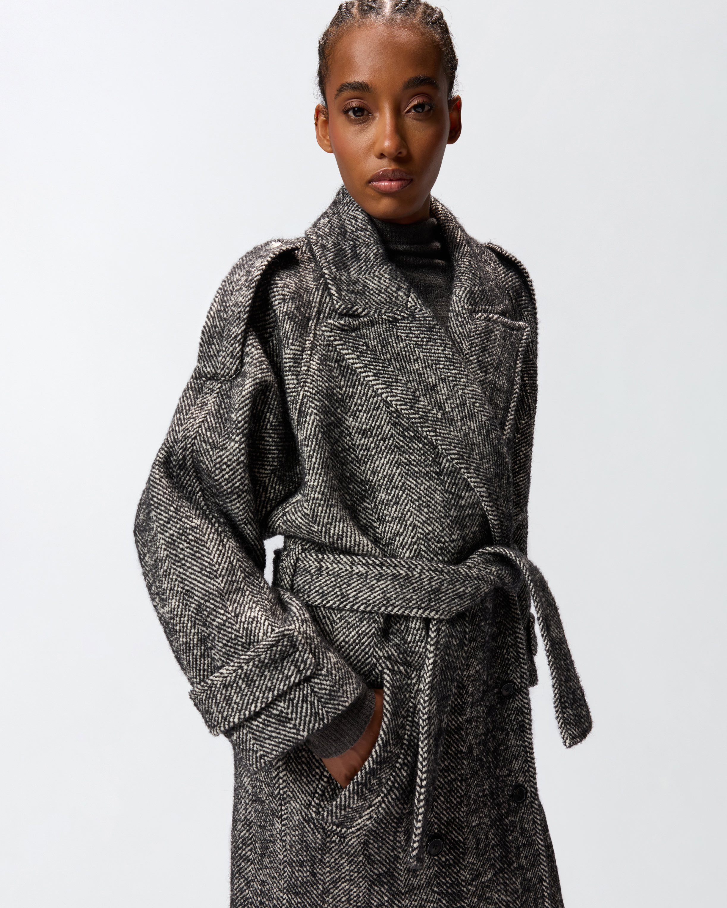 LONG HERRINGBONE CLOTH COAT - 5