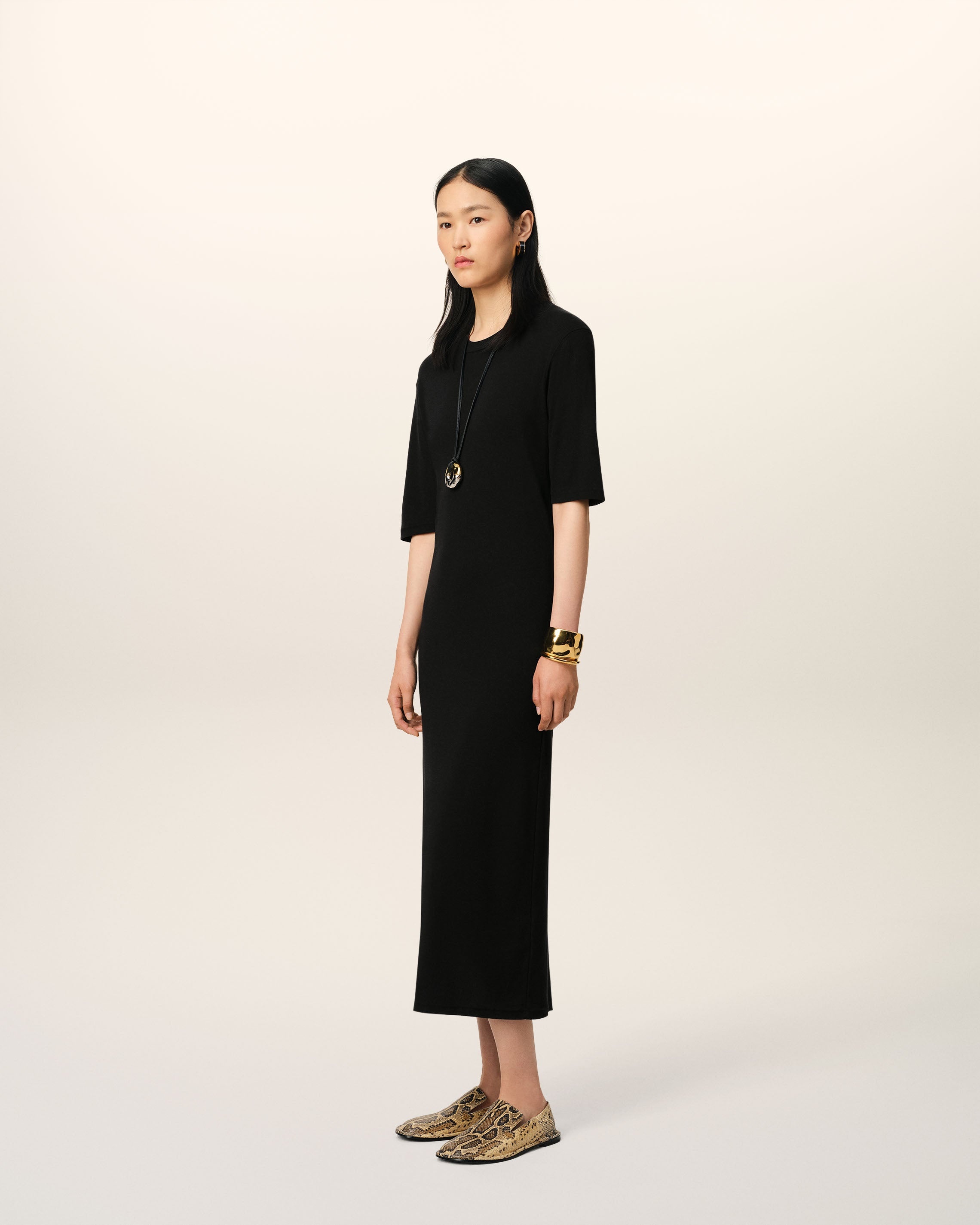 BLACK COTTON SHORT SLEEVE MIDI DRESS - 6