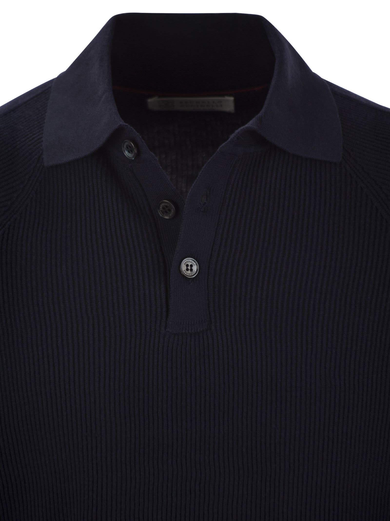 Brunello Cucinelli Men Cotton Rib Knit Polo Shirt With Long Raglan Sleeve - 4