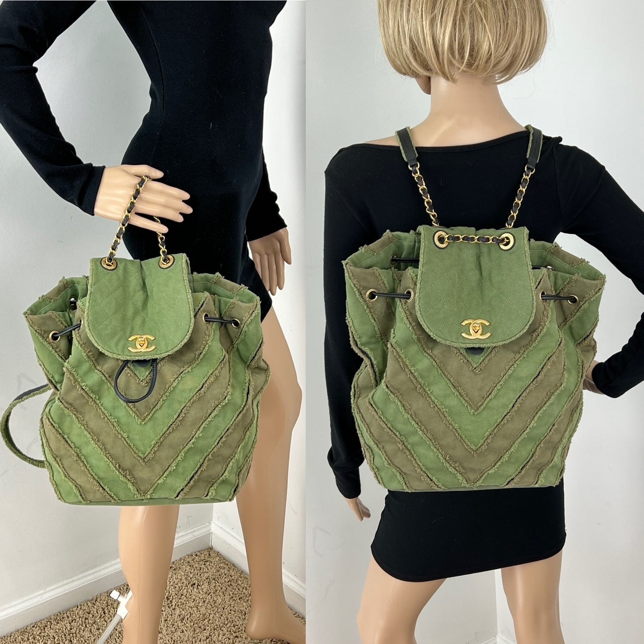 CHANEL Backpack Canvas Chevron Cuba Patchwork Khaki Green Backpack Preowned - 4