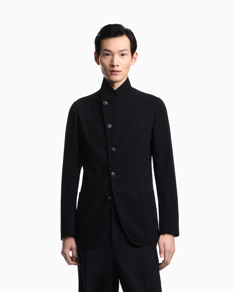 EMPORIO ARMANI GURU COLLAR JACKET WITH OFF-CENTRE FASTENING IN 3D CHEVRON VIRGIN WOOL outlook