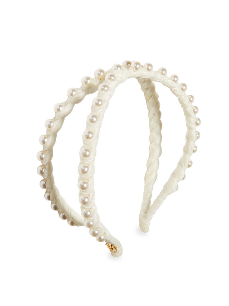 Women's Embellished Velvet Double-Row Headband - Ivory 1