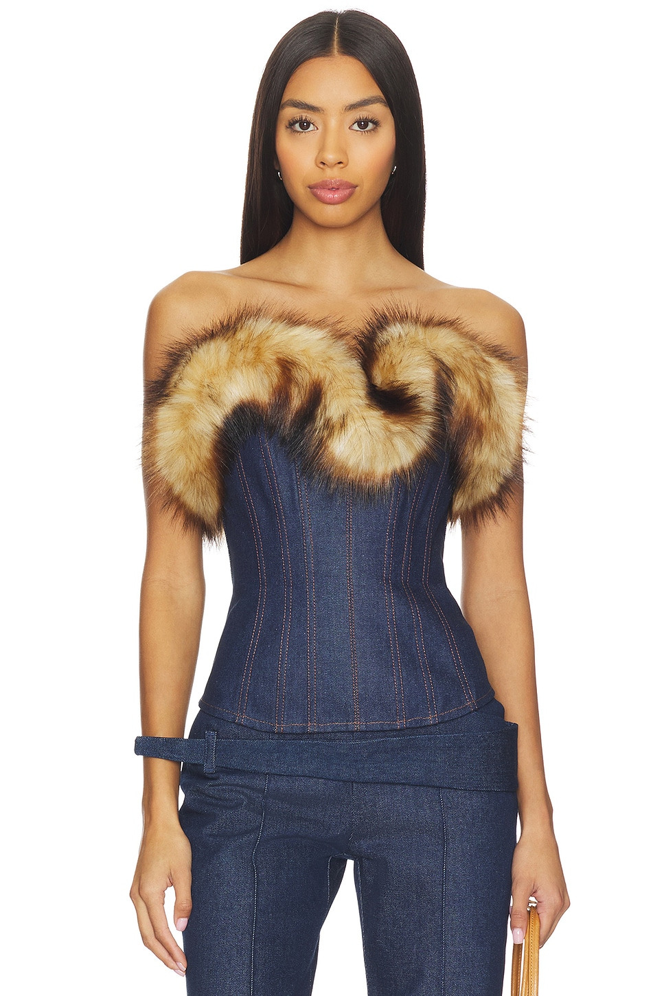 Detachable Faux Fur Trim Corset Top - 1