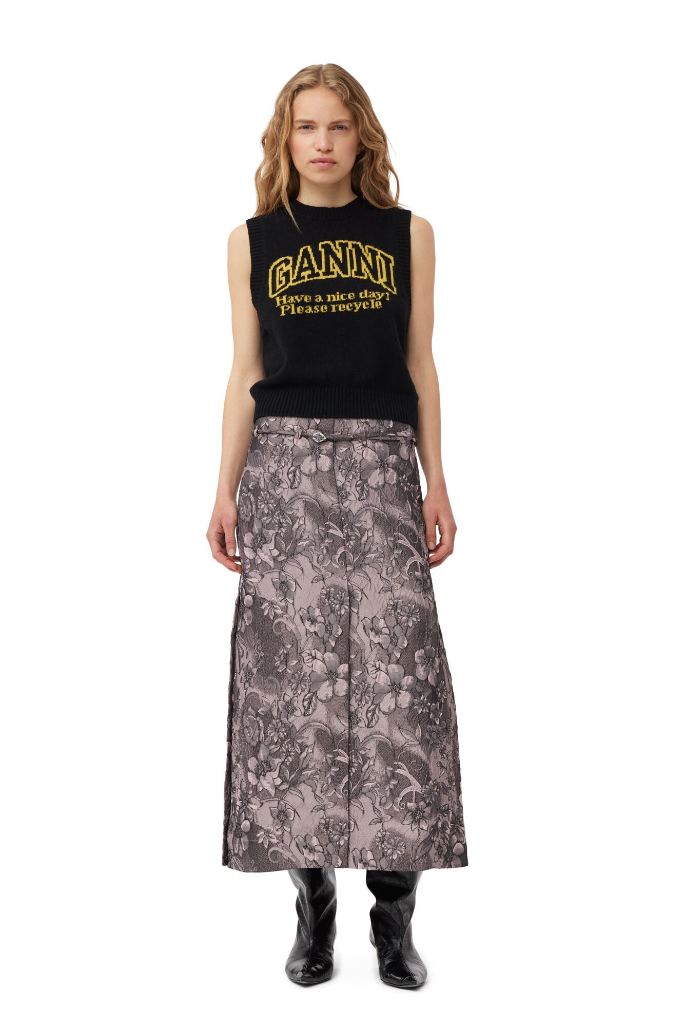 RIPPLED JACQUARD LONG SLIT SKIRT - 2