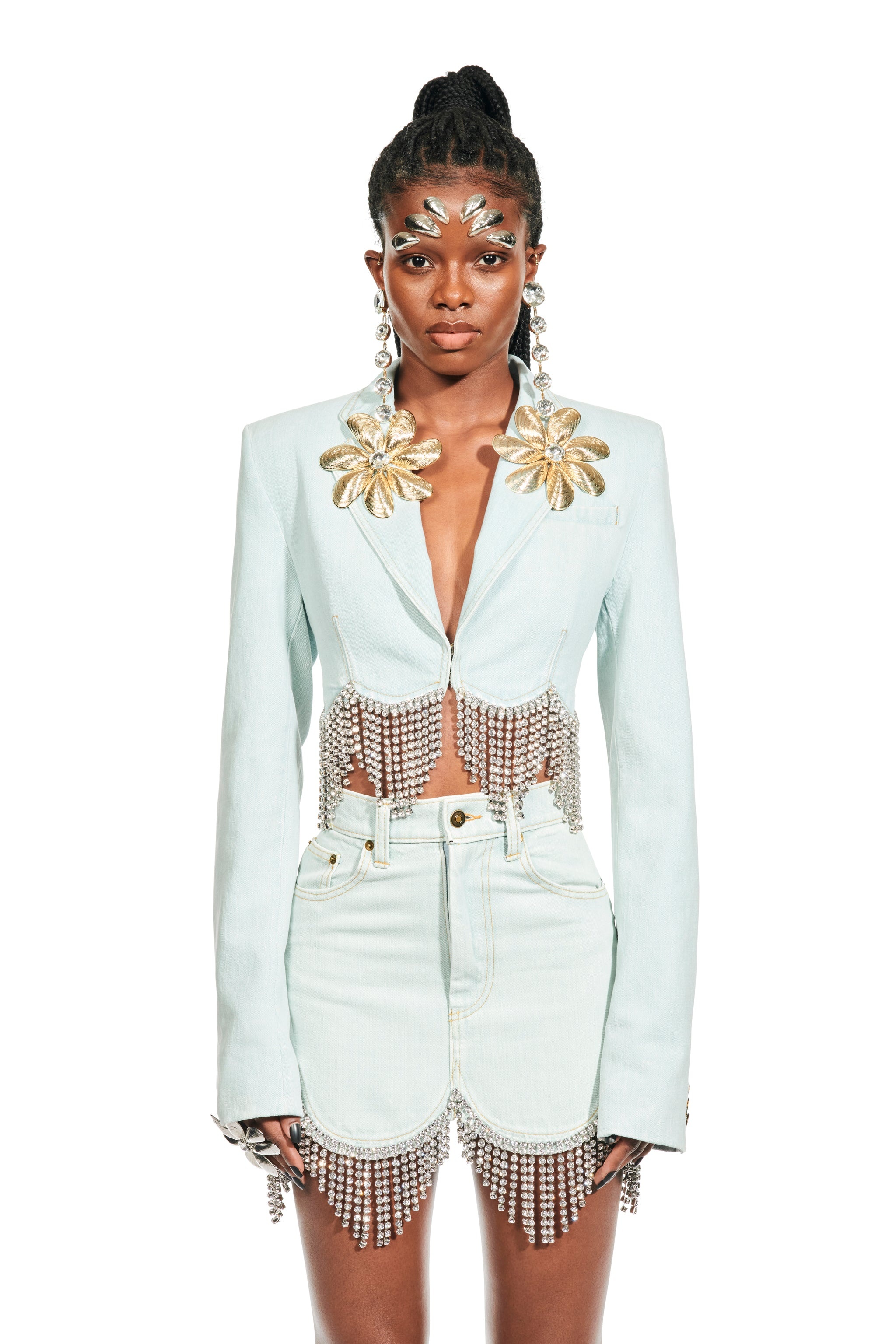 SCALLOPED CRYSTAL CROPPED DENIM JACKET - 3
