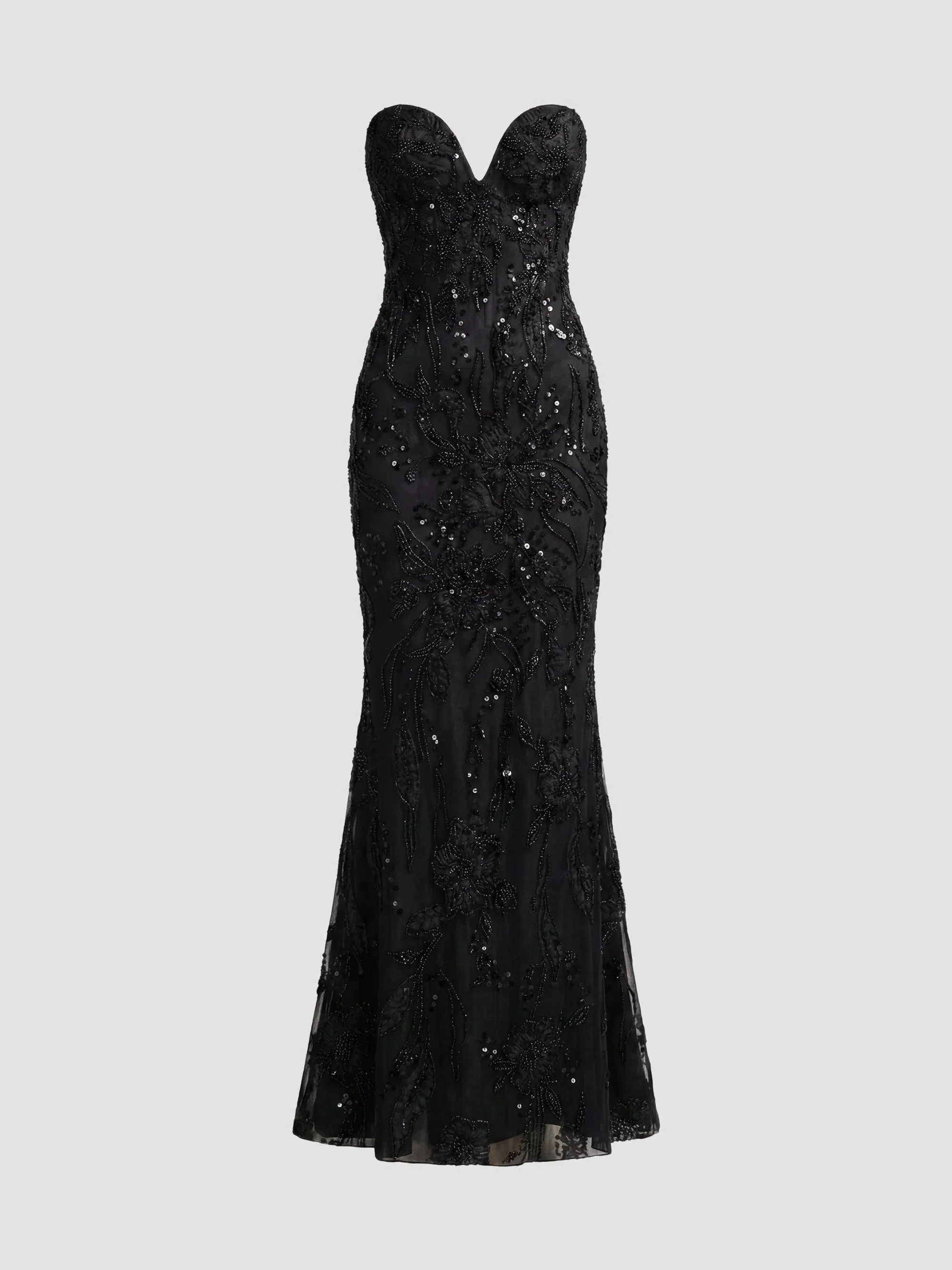 Women's Floral Embellished Mesh Strapless Column Gown - Black - 1