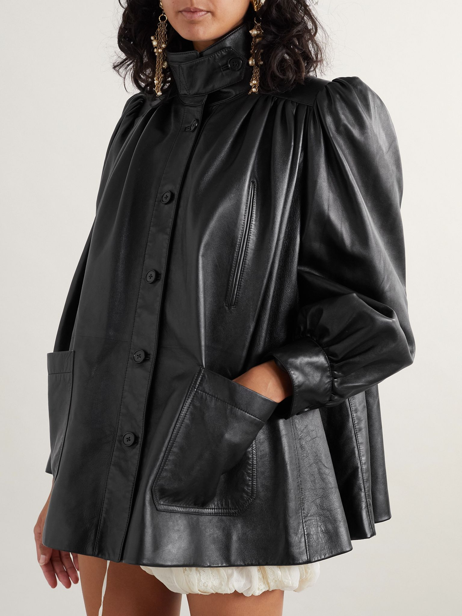 Gathered leather jacket Black - 3
