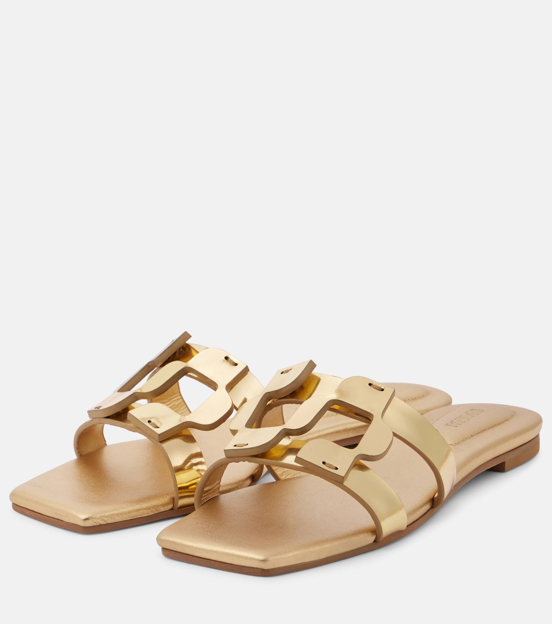 Logo metallic leather slides - 4