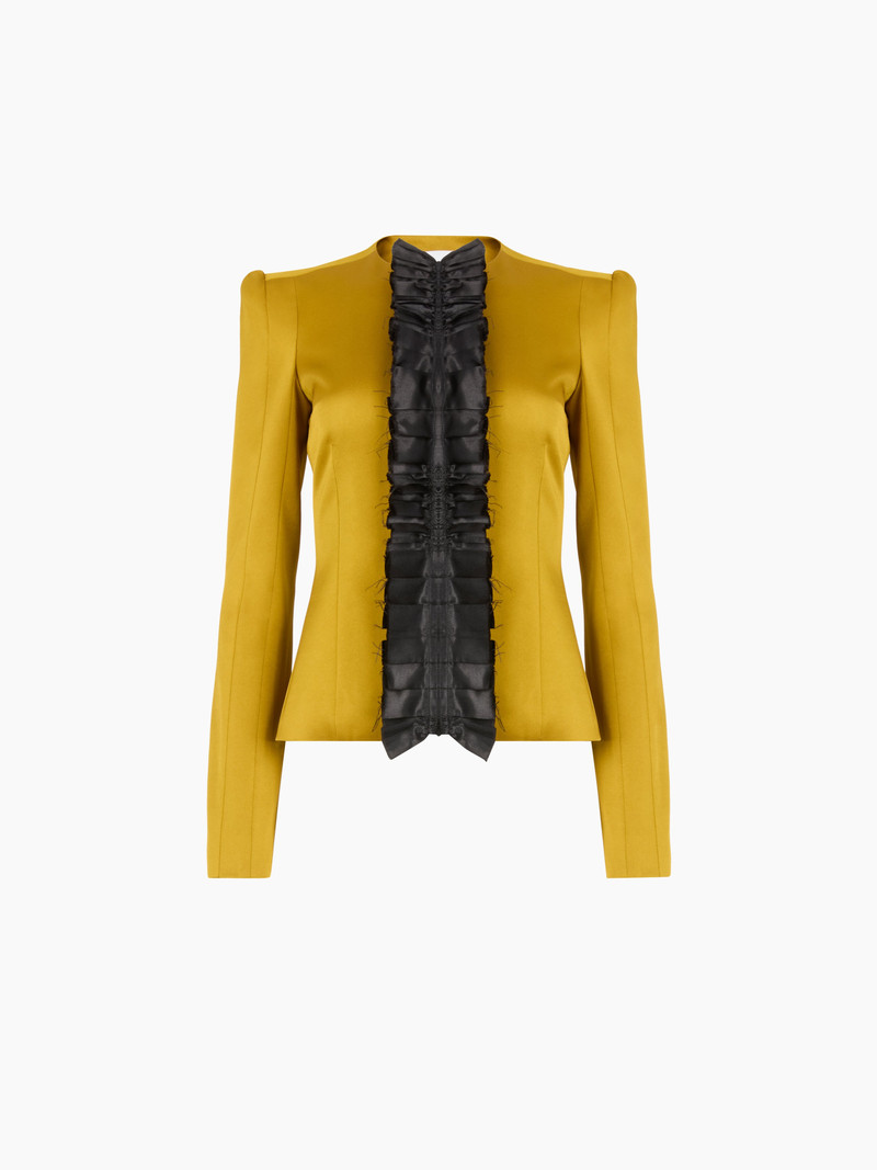 Mustard Crepe Satin Jacket With Front Pleat 5