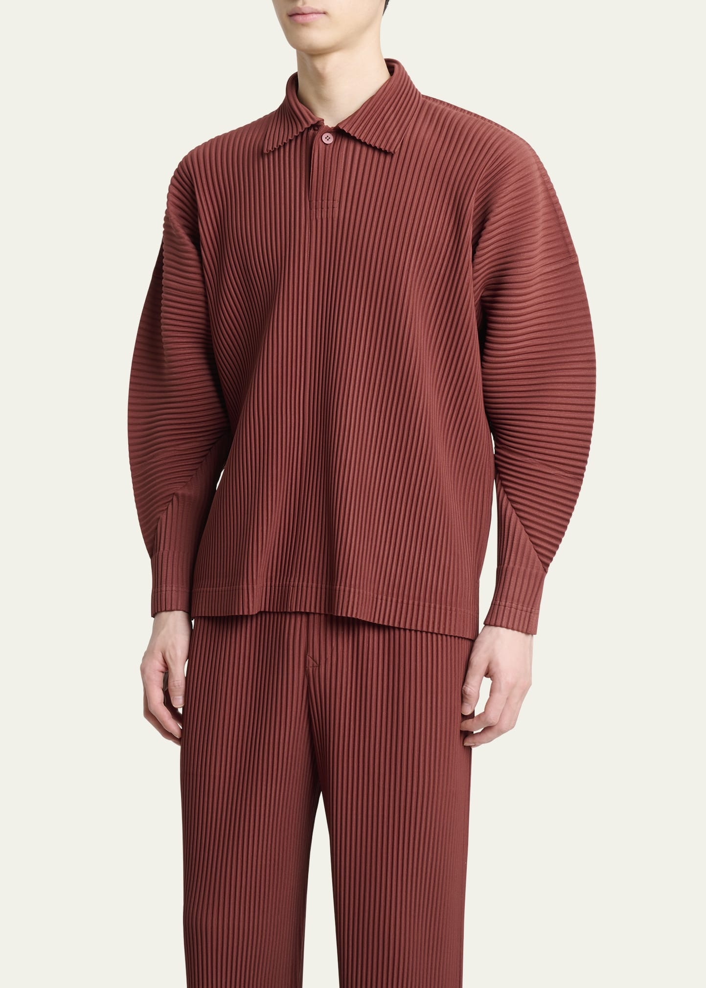 Men's Pleated Long-Sleeve Polo Shirt - 4