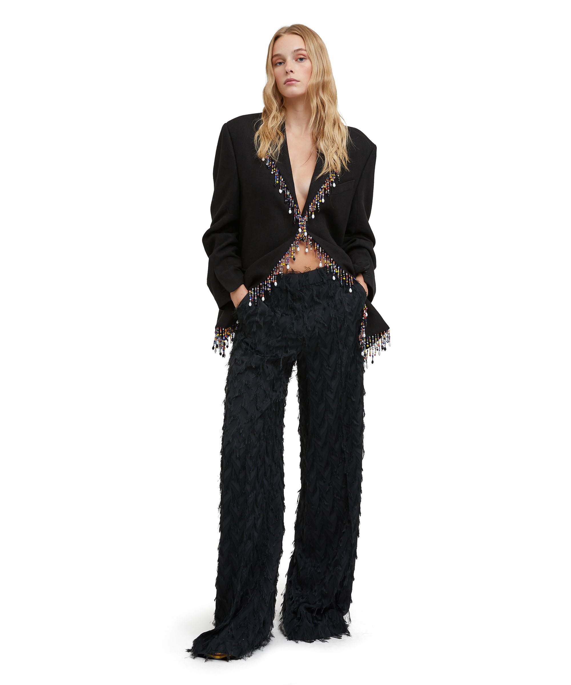 Blended linen single-breasted jacket with beaded application - 5