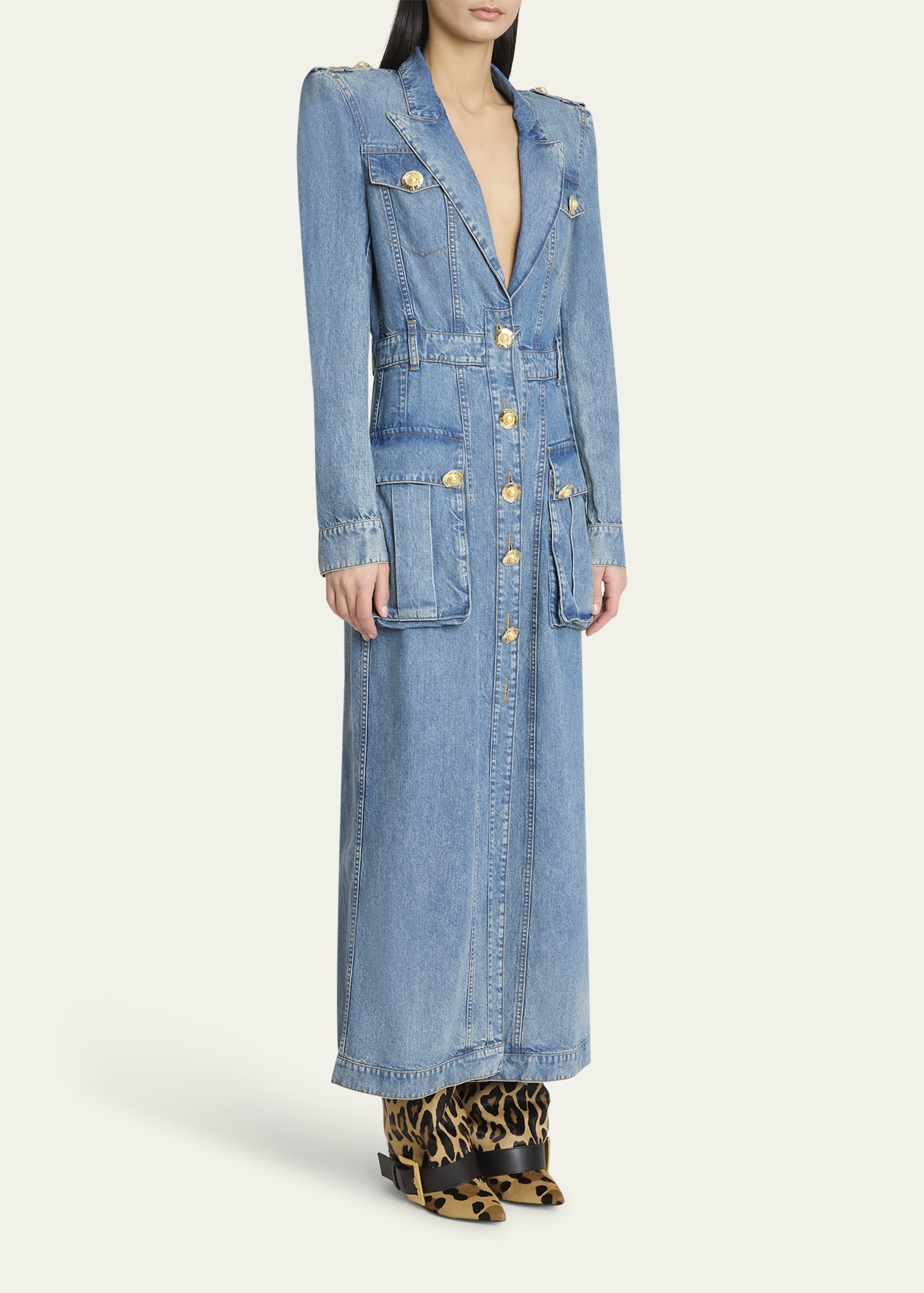 Belted Pocket Detail V-Neck Denim Midi Dress - 4