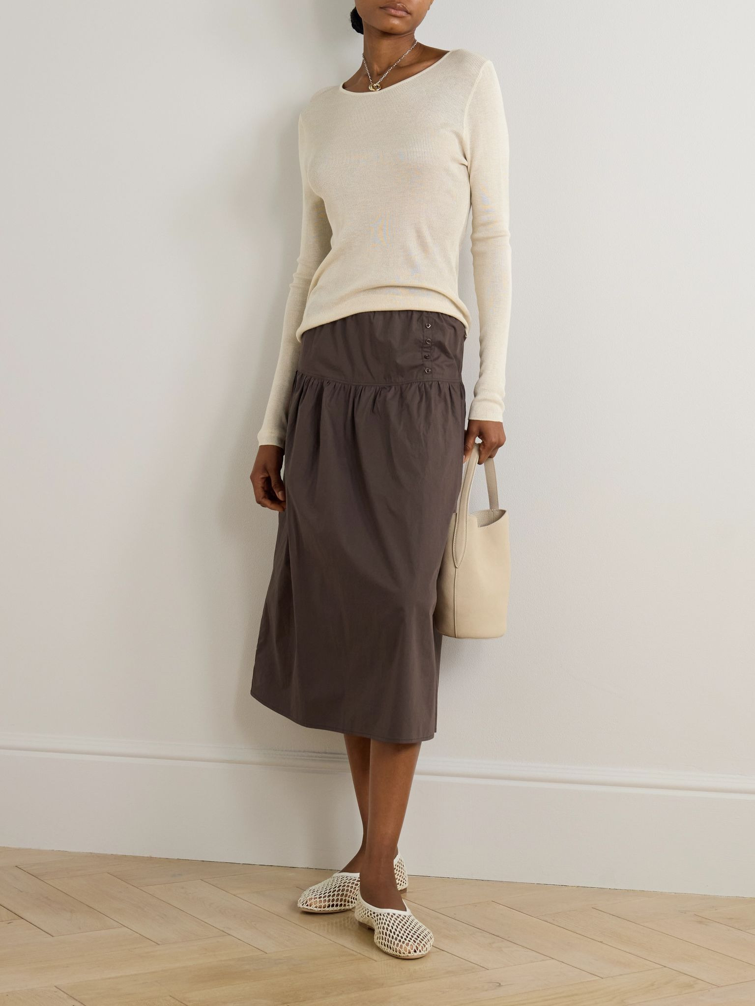 Gathered organic cotton-poplin midi skirt Brown - 2