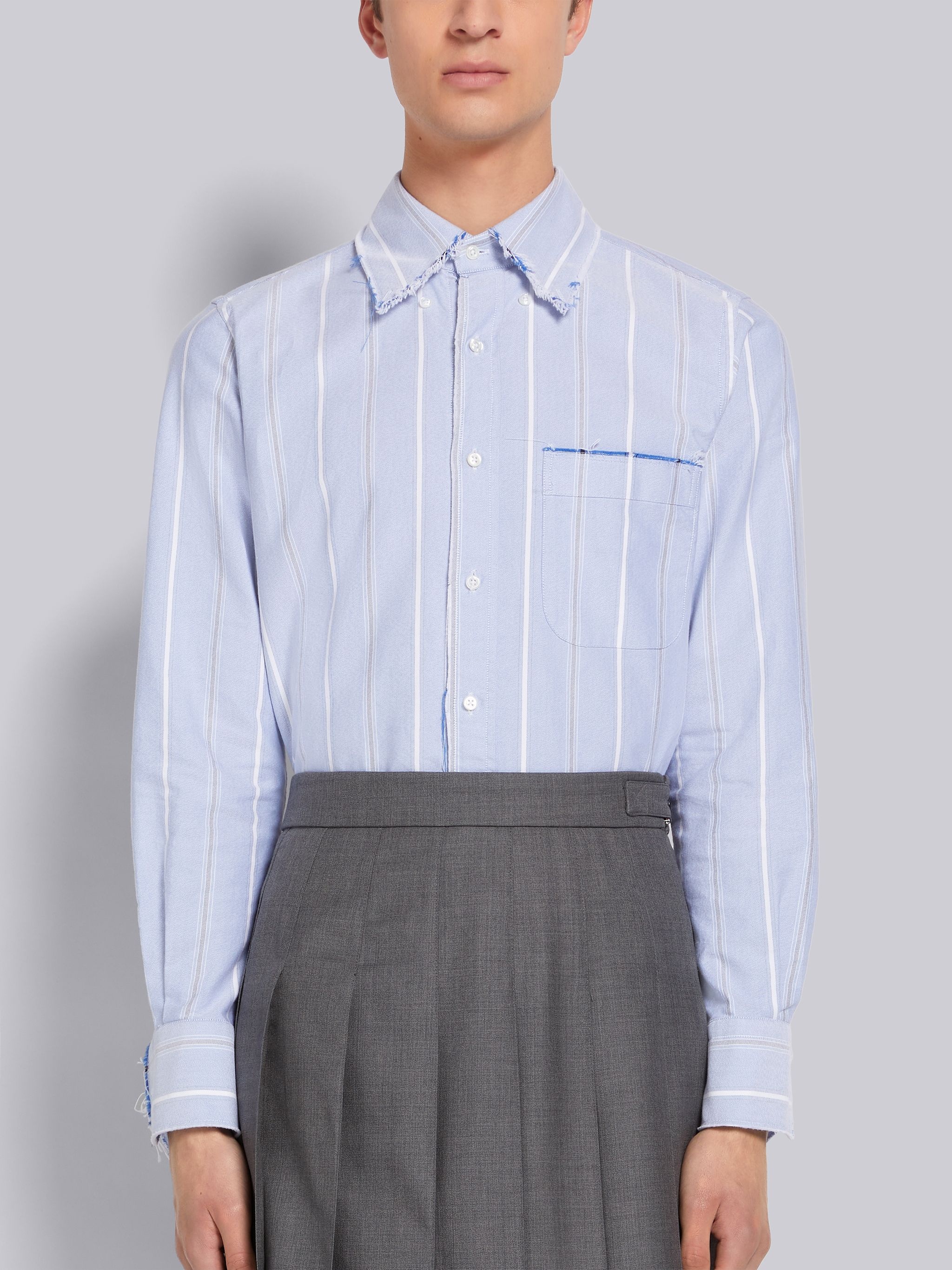 Blue Stripe Oxford Stripe Fray Edge Straight Fit Shirt - 1