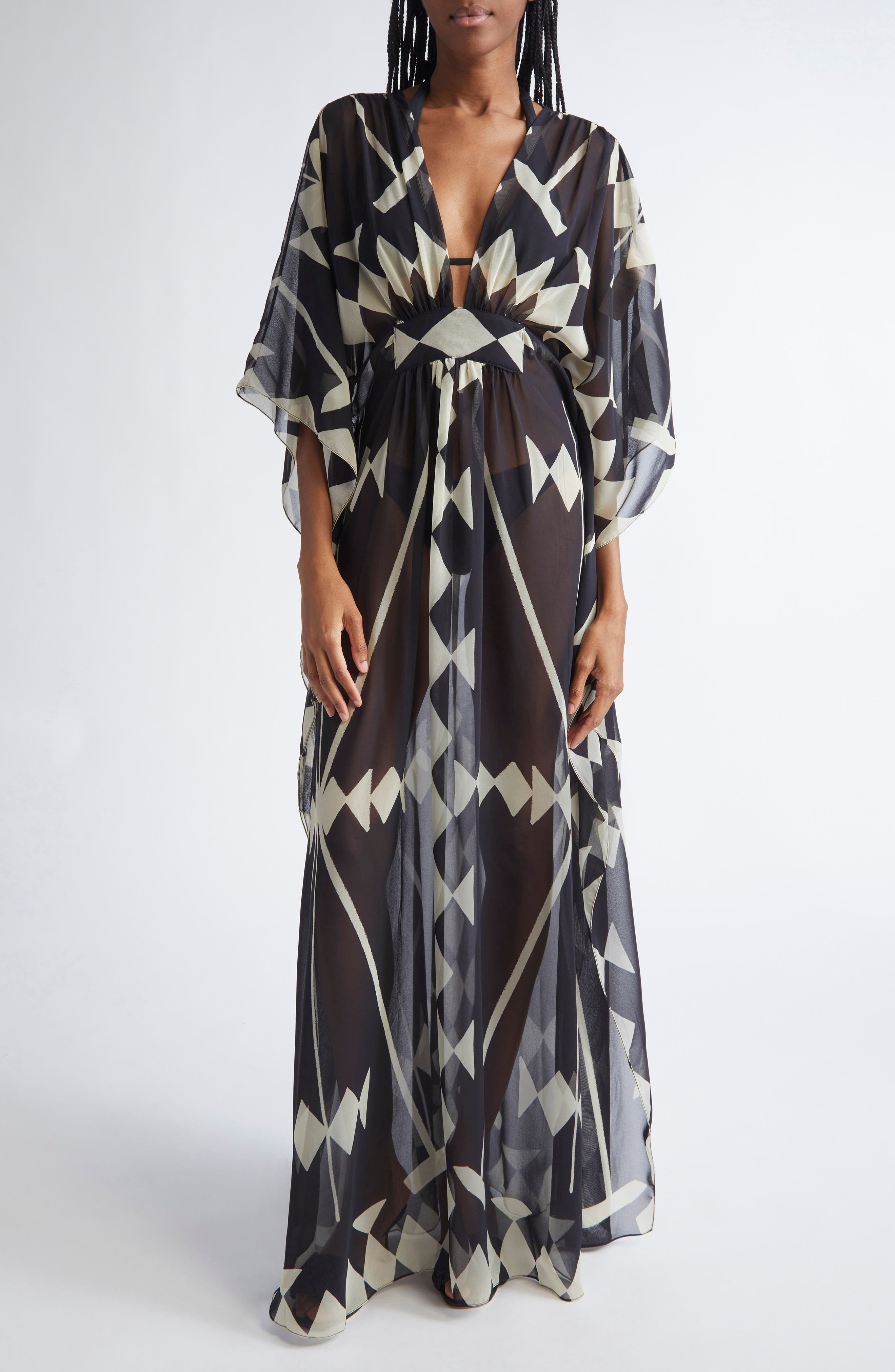 Johanna Ortiz Secret Garden Georgette Caftan Dress in Black /Ecru at Nordstrom - 1