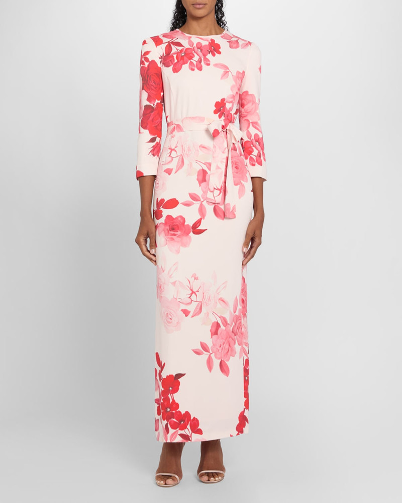 Monique Lhuillier Rose-Print Crepe Belted Bracelet-Sleeve Maxi Dress outlook