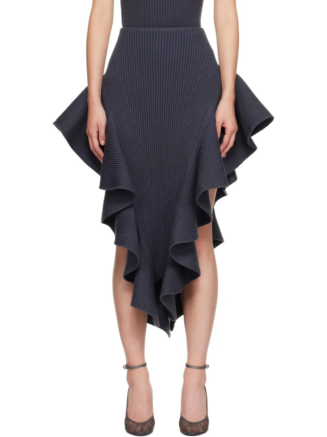 Gray Ribbed Ruffle Midi Skirt - 1