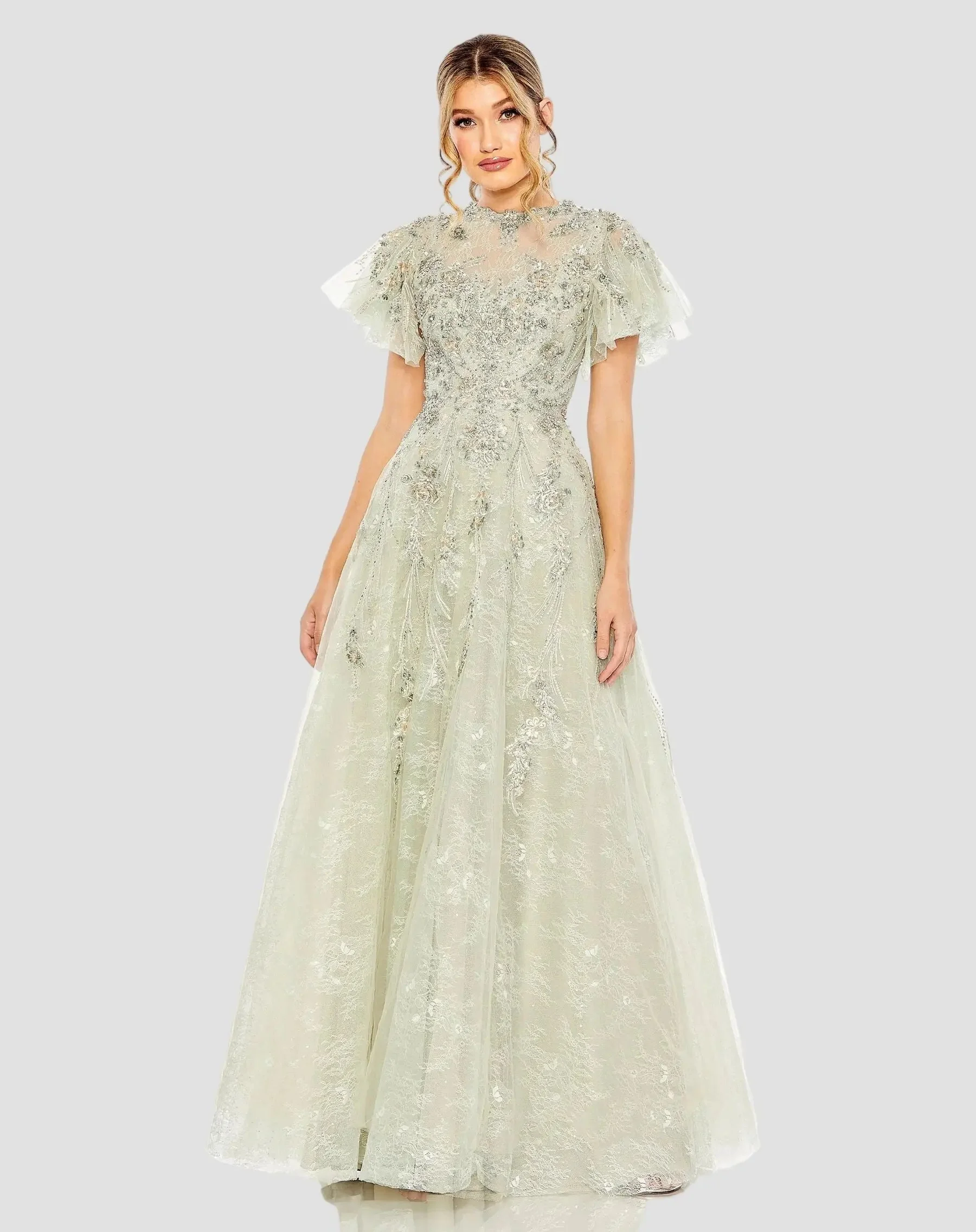 Green Embroidered Tulle Flutter Sleeve A-line Gown - 1