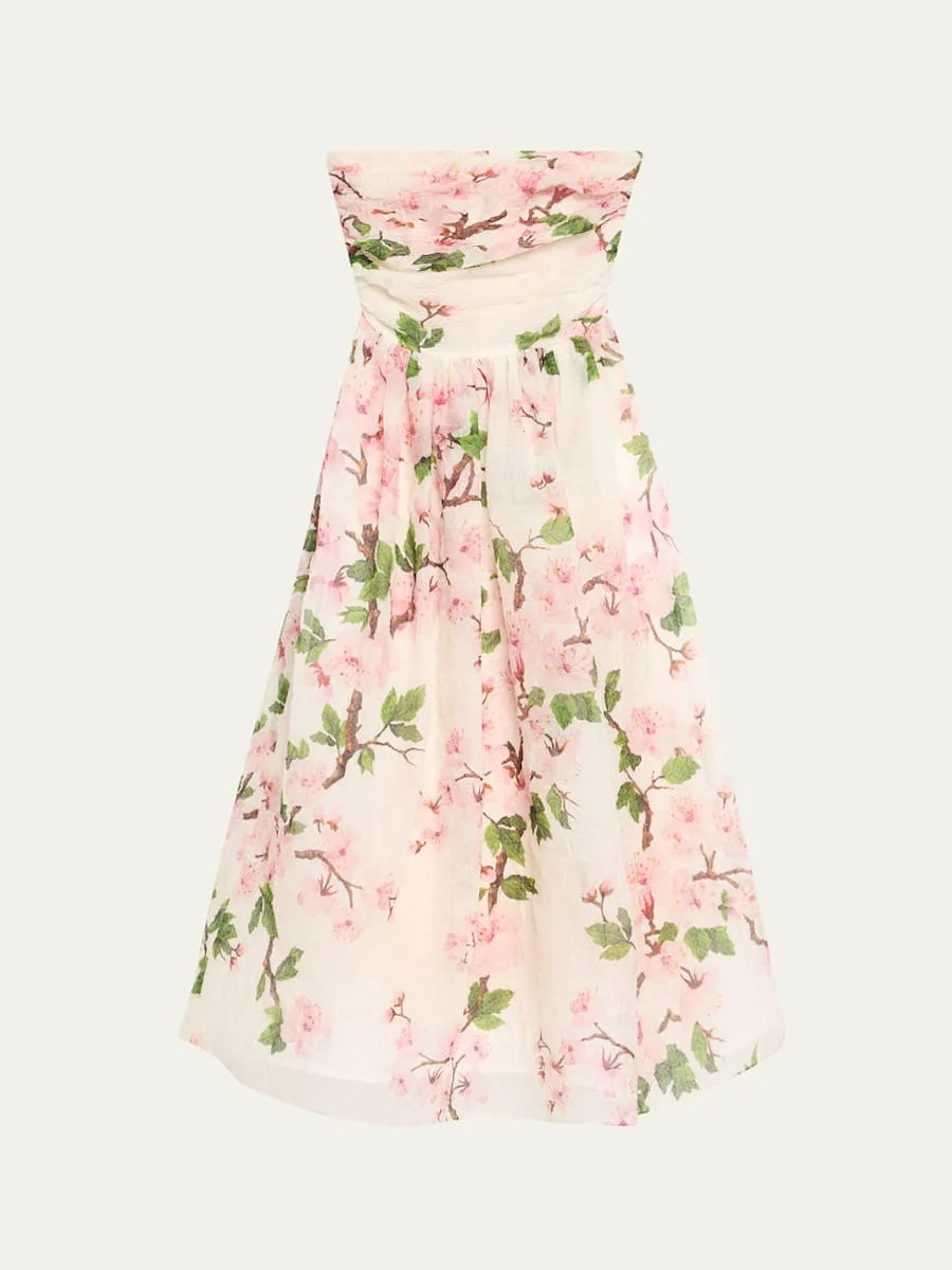 Strapless Cherry Blossom Draped Organza Dress - 1