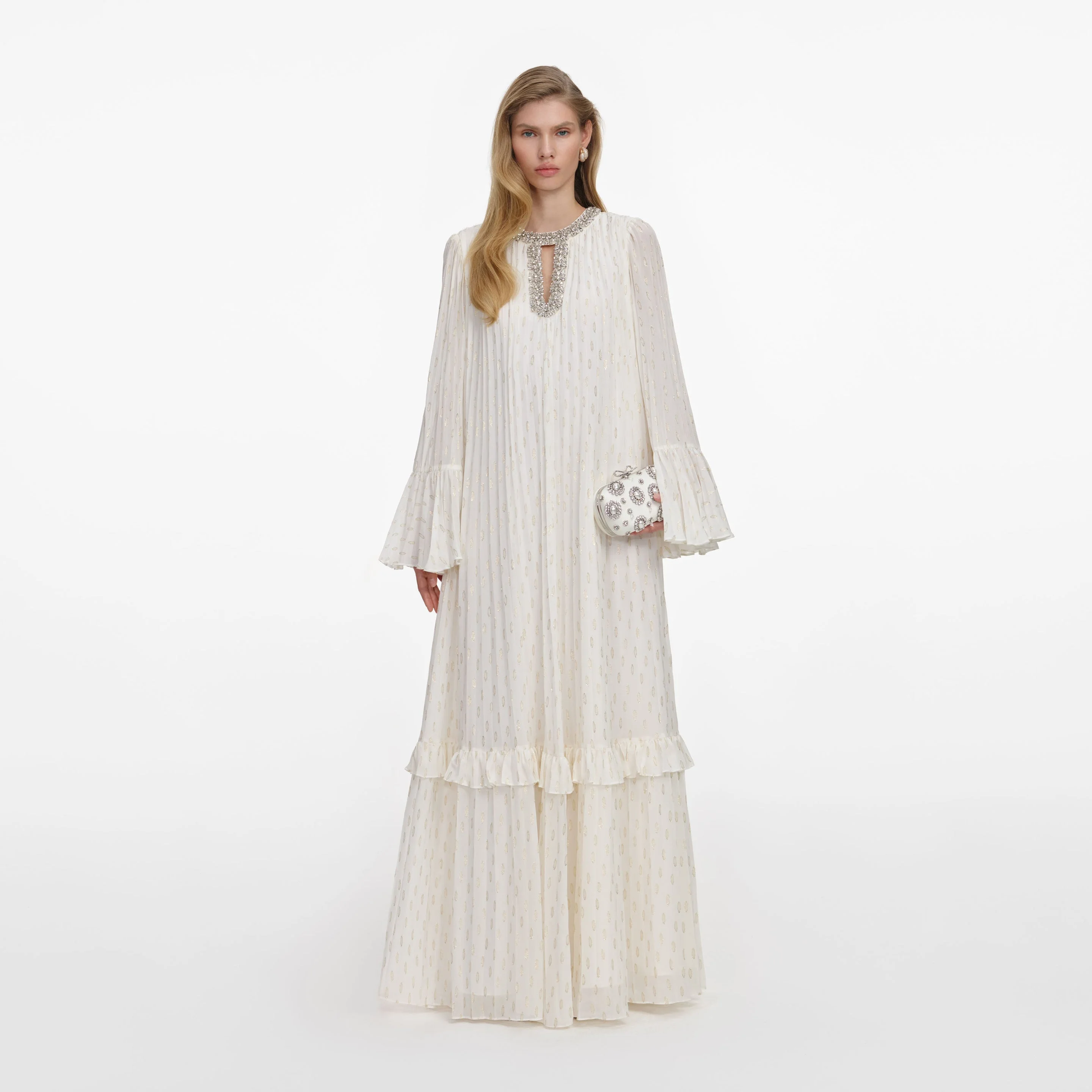 Cream And Gold Chiffon Maxi Dress - 1